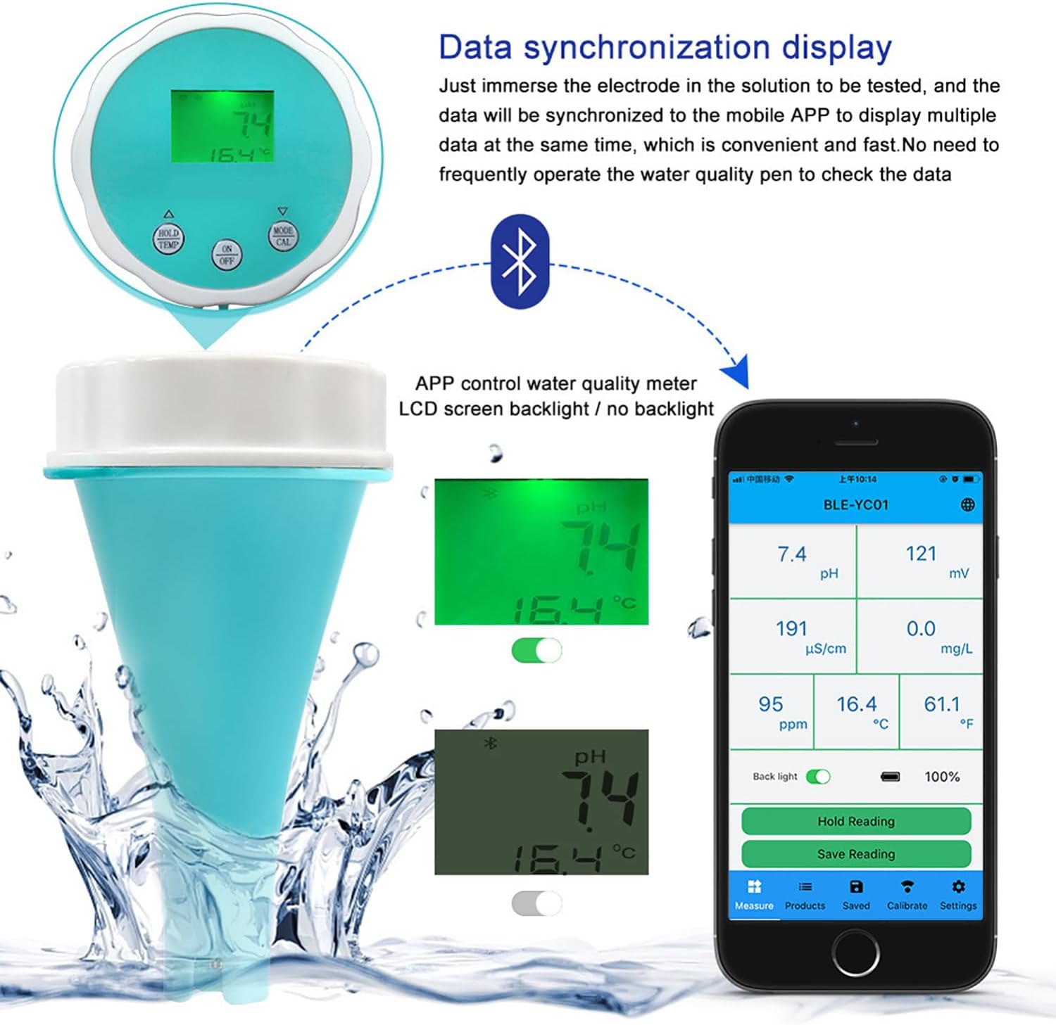 Smart Water Quality Meter, EC/Salinity/pH/ORP/Temperature/Chlorine Water Quality Tester with LCD Display Screen, Automatic Calibration and 0.00-14.00ph Ph Value, Support Data Storage, for Pools