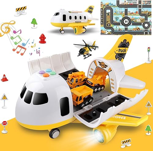 Miniatura 9 de Dwi Dowellin Juego de juguetes de avión con camión de bomberos y tapete de juego, avión con luz y sonidos, regalo de cumpleaños para niños y niñas
