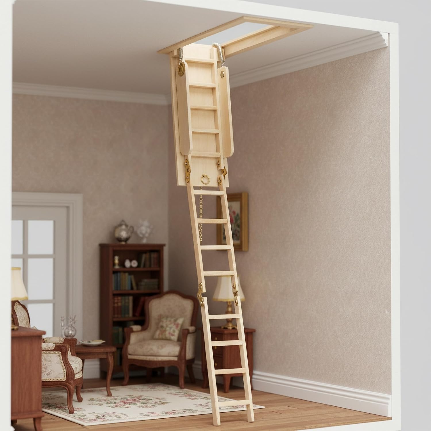 1/12 Scale Miniature Folding Attic Ladder – Dollhouse Furniture Mini Wooden Step Stairs, Small Decorative Staircase for Dollhouse Scene, DIY Accessories, Landscape and Home Decor