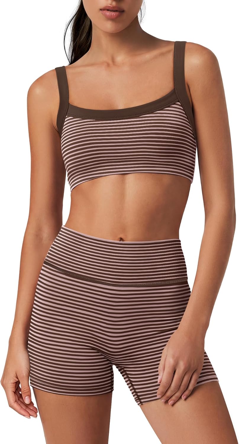 Yanekop Womens Striped Workout Set Two Piece Yoga Sets Activewear