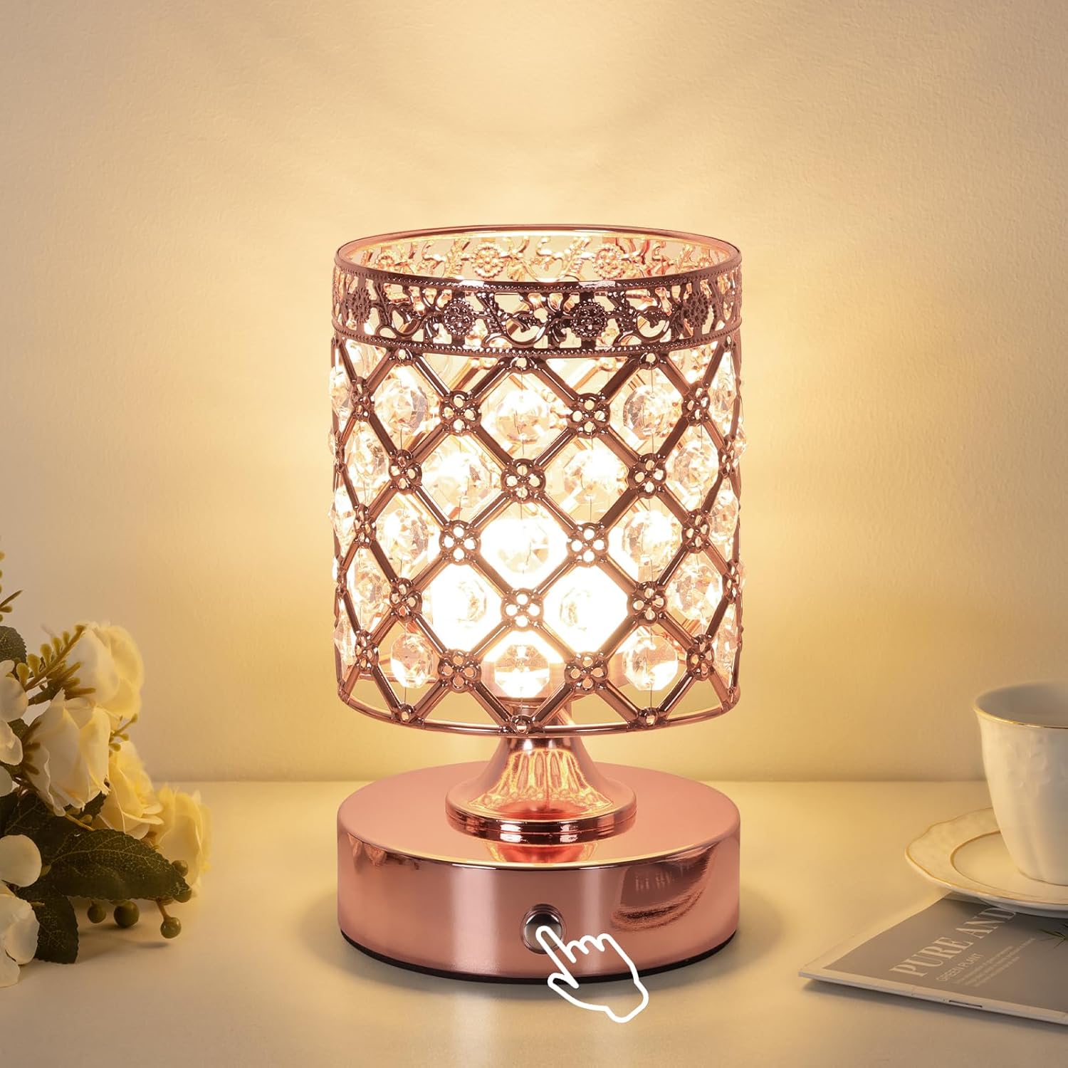 TOBUSA Crystal Cordless Table Lamp Rechargeable, Portable 6000mAh Battery Operated Lamp with 3 Color Temps & Stepless Dimming, Bedside Touch Small Desk Lamp, Rose Gold LED Night Light for Bedroom Bar