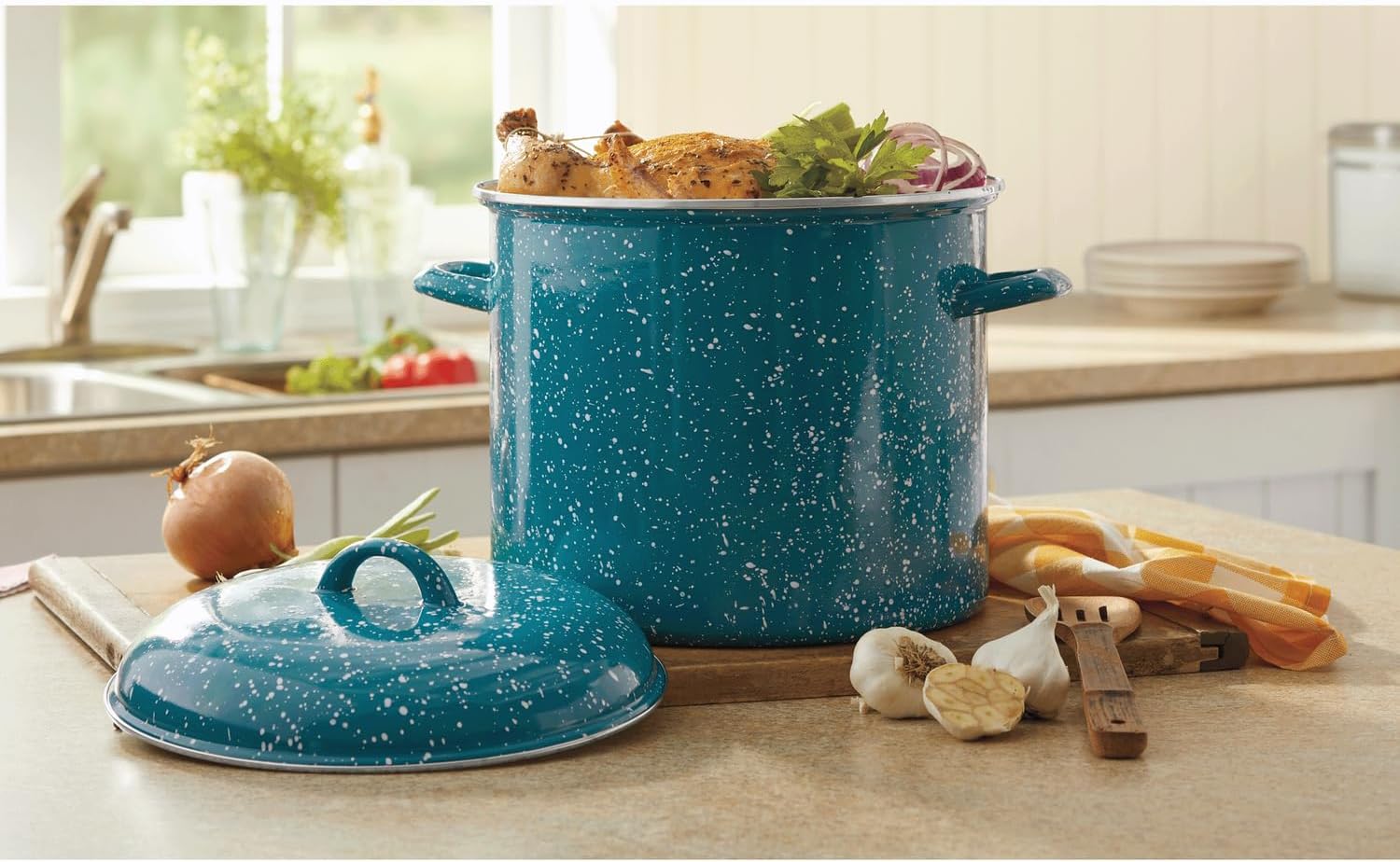 Montgomery Ward 12-qt. Speckled Stockpot with Lid - Oven and Dishwasher Safe, Durable Enameled Steel, Kitchen Essential, Big Cooking Pot, Yellow