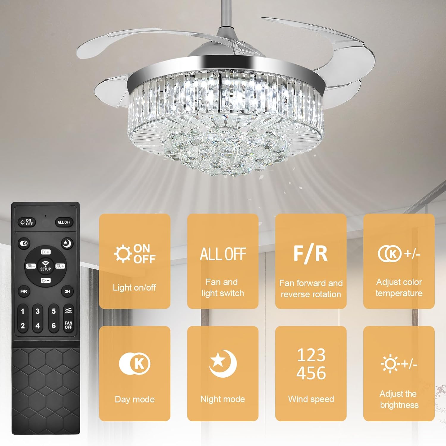 36'' Fandelier Ceiling Fans with Light, Silver Retractable Crystal Chandelier Fan, Reversible, Remote Control, Dimmable Ceiling Light Kits for Dining Living Room, Bedroom