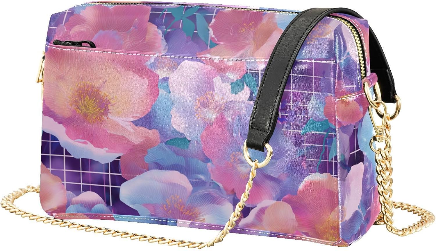 KLL Vapor Wave Style Flowers Purple Dreamy Fashion Small Crossbody Bags Vegan Leather Womens Casual Purses Waterproof Shoulder Hand Bag For Woman