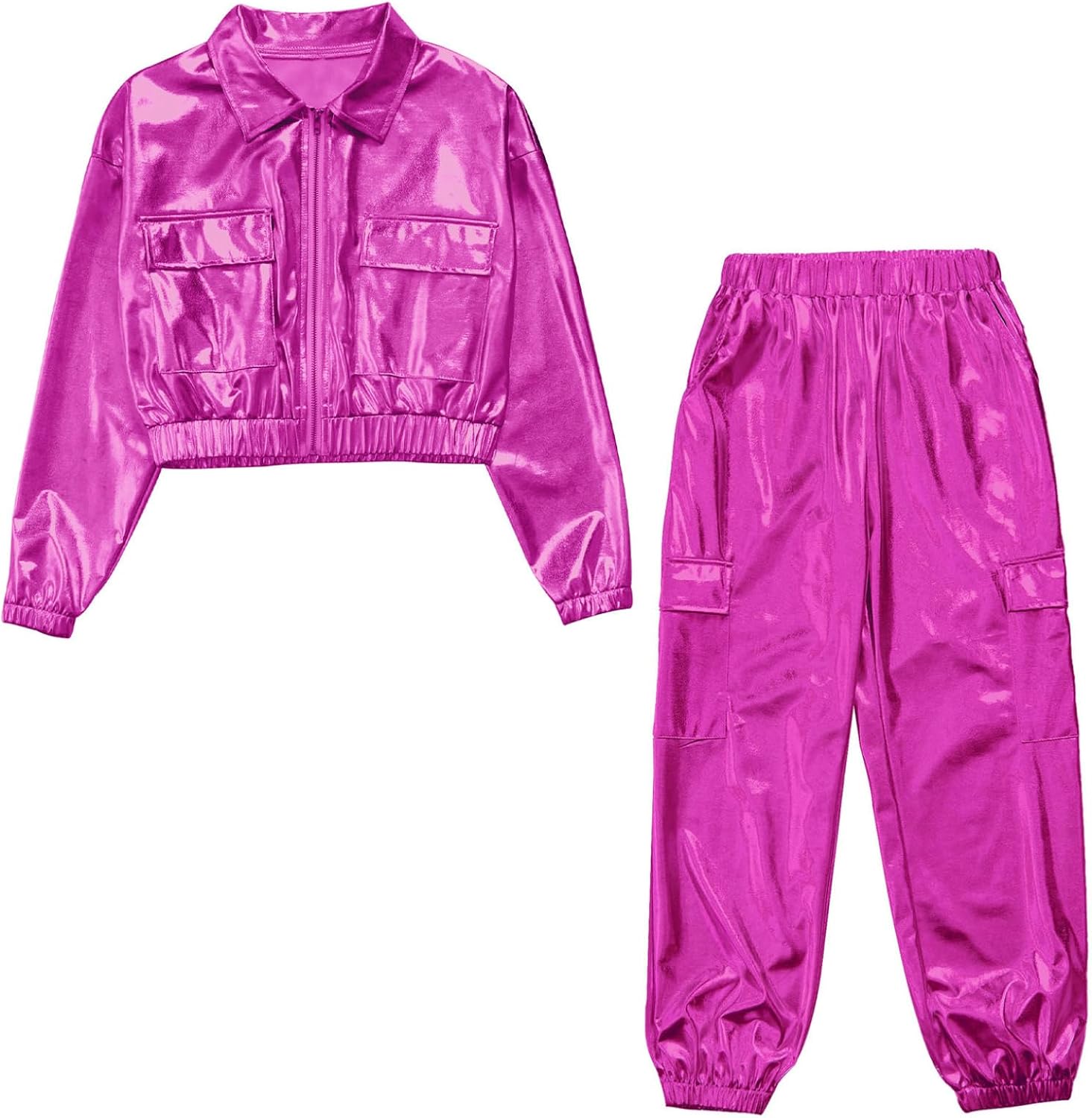 Kids 2-piece Hip Hop Dance Clothing Set Metallic Jazz Dance Outfits Zip Up Bomber Jacket with Sweatpants Dancewear