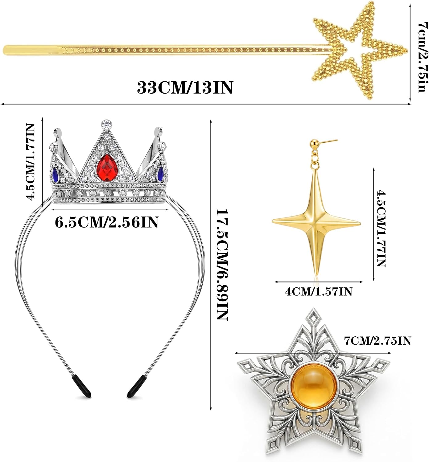 Princess Rosalina Costume Accessories Set Red Blue Rhinestone Headband Crown Star Earrings Brooch Wand Dress Up for Women