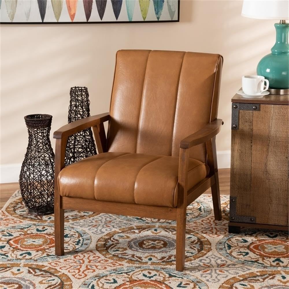 BOWERY HILL Mid-Century Wood/Faux Leather Office Chair in Brown