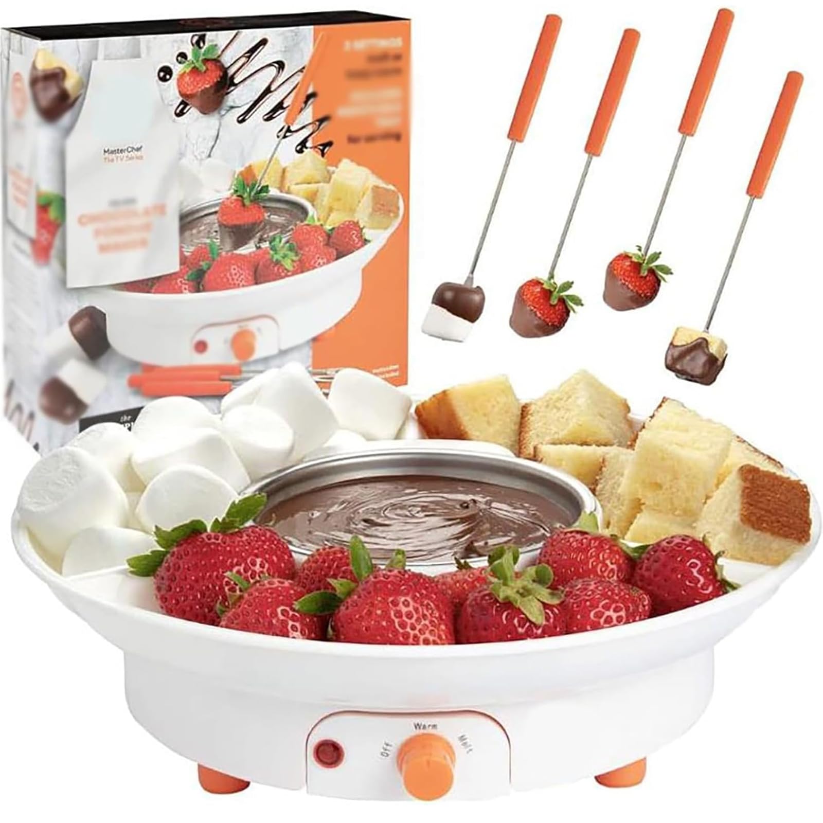 S'mores Maker & Chocolate Fondue Set – Olla eléctrica para fundir malvaviscos y queso con 6 tenedores, temperatura ajustable 40-70 ℃, kit de fiesta interior sin llama
