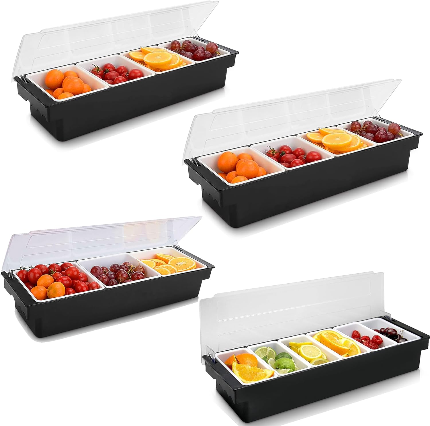 WICHEMI Fruit, Veggie & Condiment Caddy with Lid Dispenser Tray Garnish Station for Bartending & Serving Taco, Ice Cream, Salad Bar - Topping Organizer for Restaurant Supplies (4 Pack, 3/6 Compartment