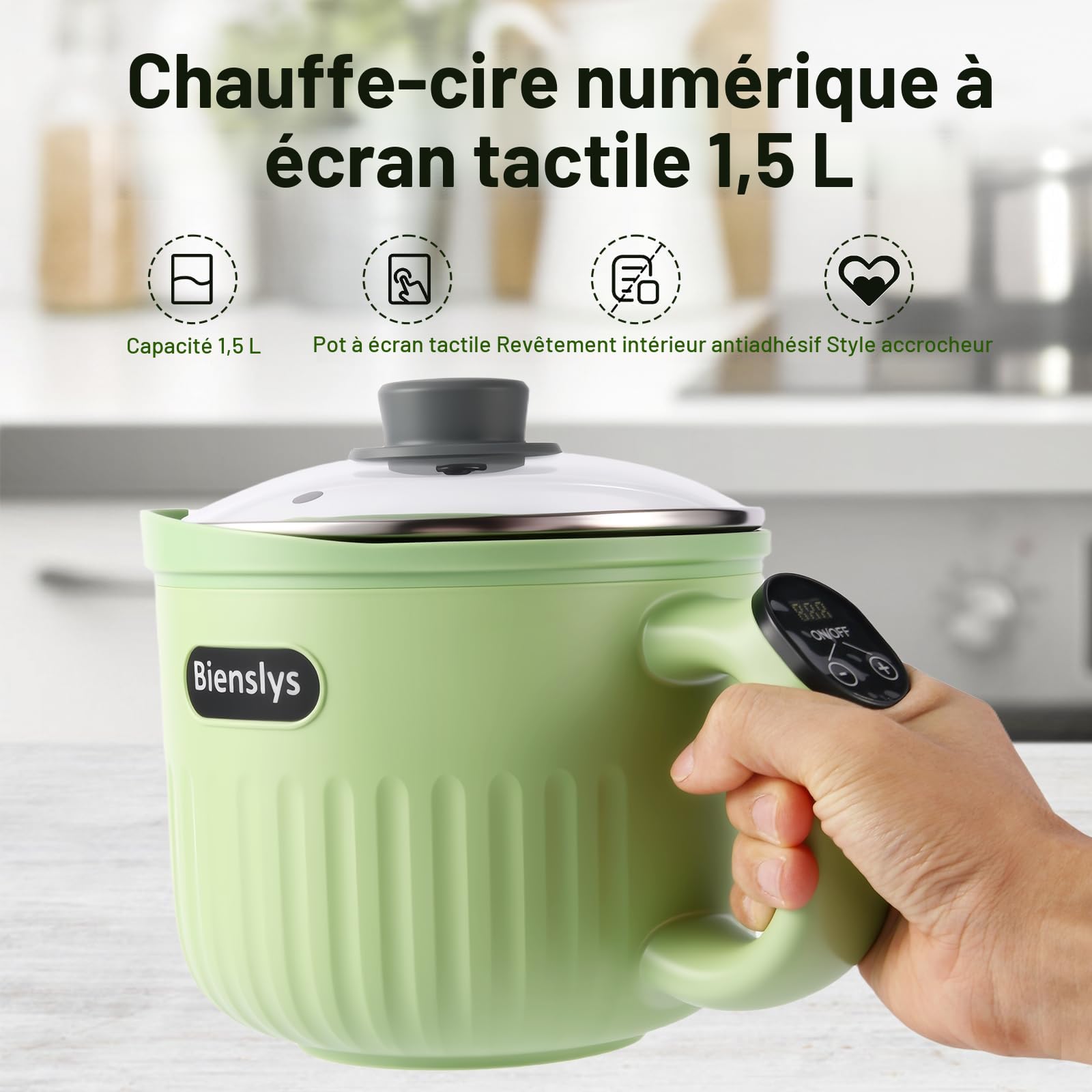 Bienslys Pot à cire électrique 1,5 L avec écran tactile numérique, revêtement antiadhésif et contrôle précis de la température – Idéal pour bougies, savons, fondants de cire et projets DIY.