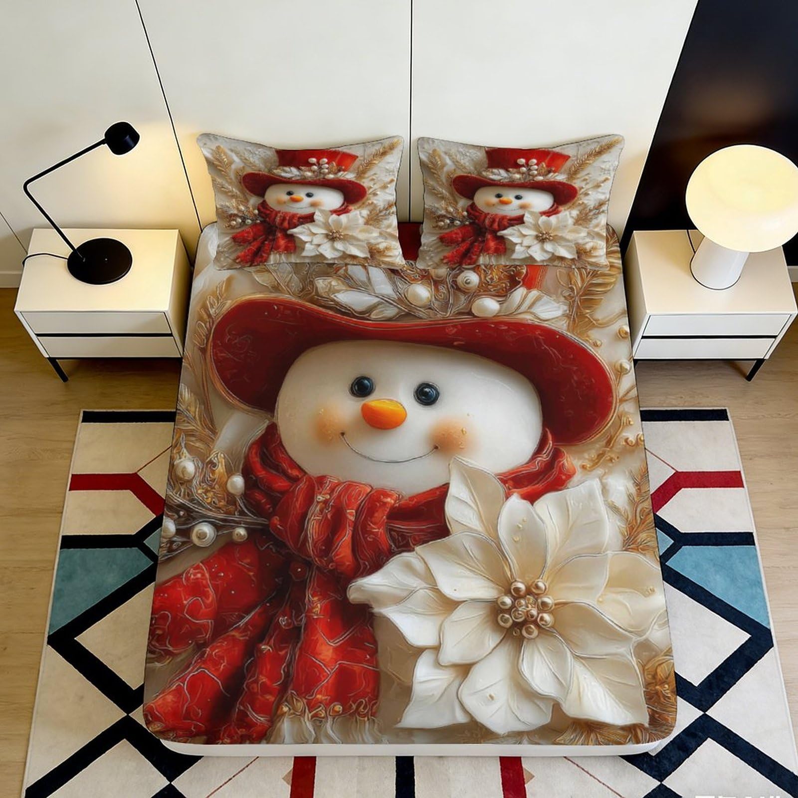 Festive Snowman Fitted Sheet 3D Printed Microfiber Soft Touch Bed Cover for Bedroom Decor, Guest Room Bedding 90x200x25cm