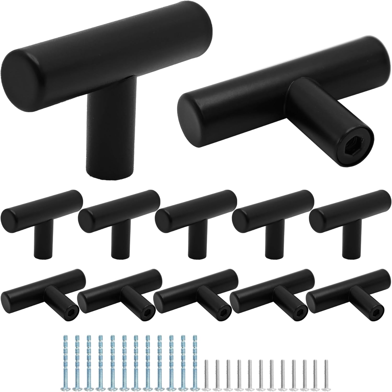 6PCS 2 Inch Brushed Nickel T Bar Cabinet Knobs, Single Hole Stainless Steel Drawer Pulls, Modern Kitchen Hardware Handles for Dresser Cupboard (Silver)