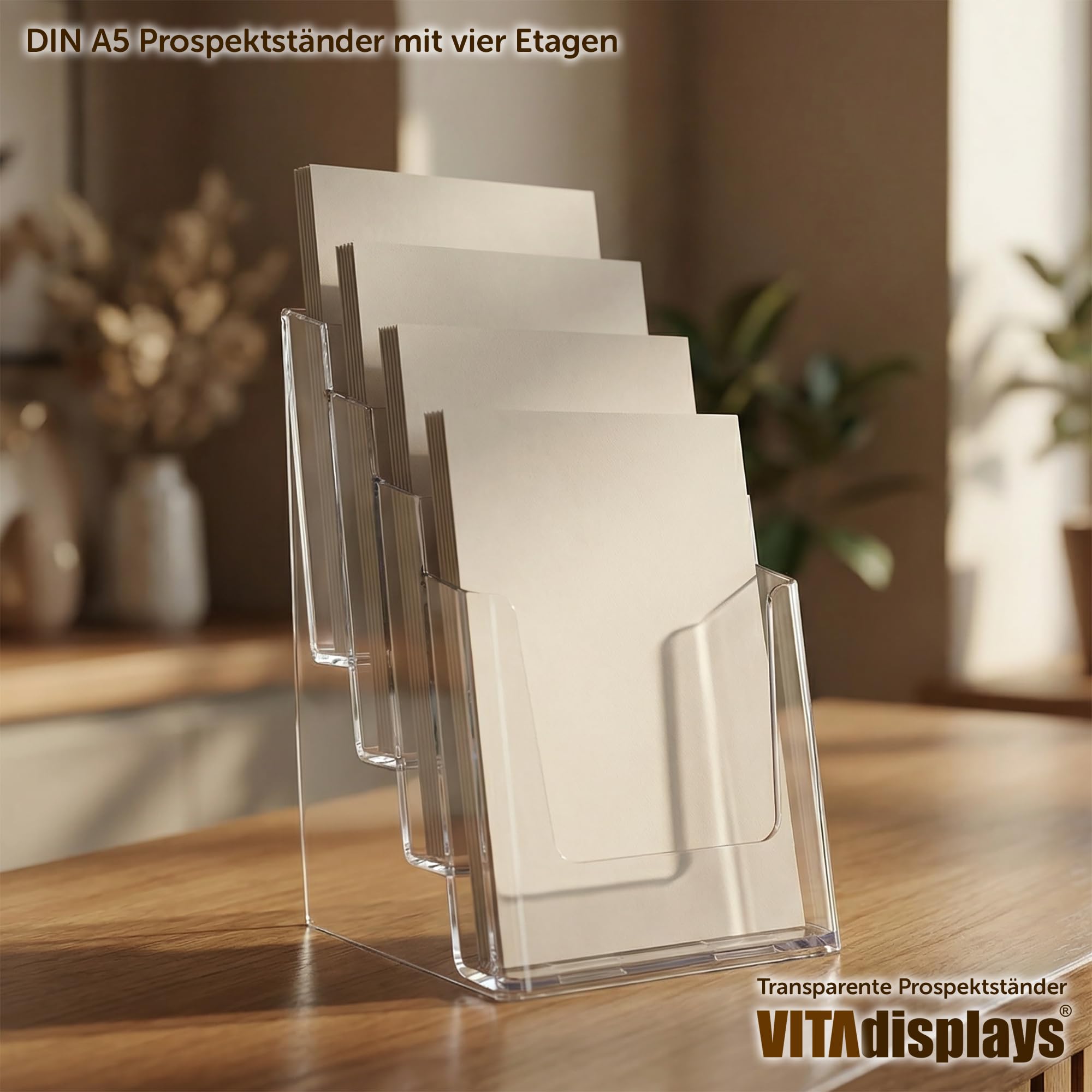 VITAdisplays® Expositor de folletos DIN A5 con 4 niveles, transparente (NE-164)