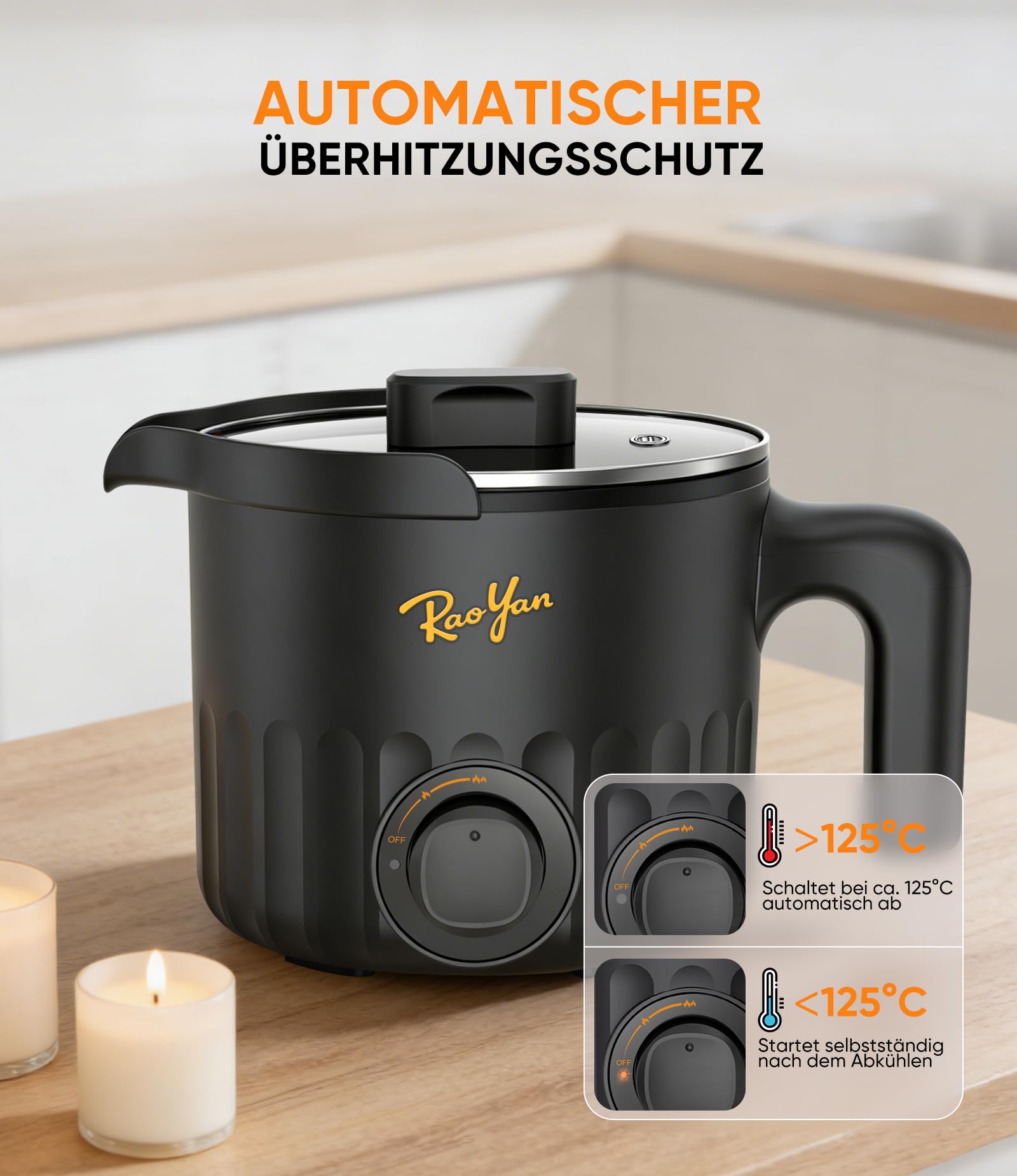 RAOYAN Wachsschmelzer mit Ausgießer 1,5L – Kerzen selber machen Set für Anfänger & Erwachsene, inkl. Wachsschmelztopf, Rührlöffel, Thermometer, Dochte, Aufkleber & Zentriervorrichtung - Schwarz