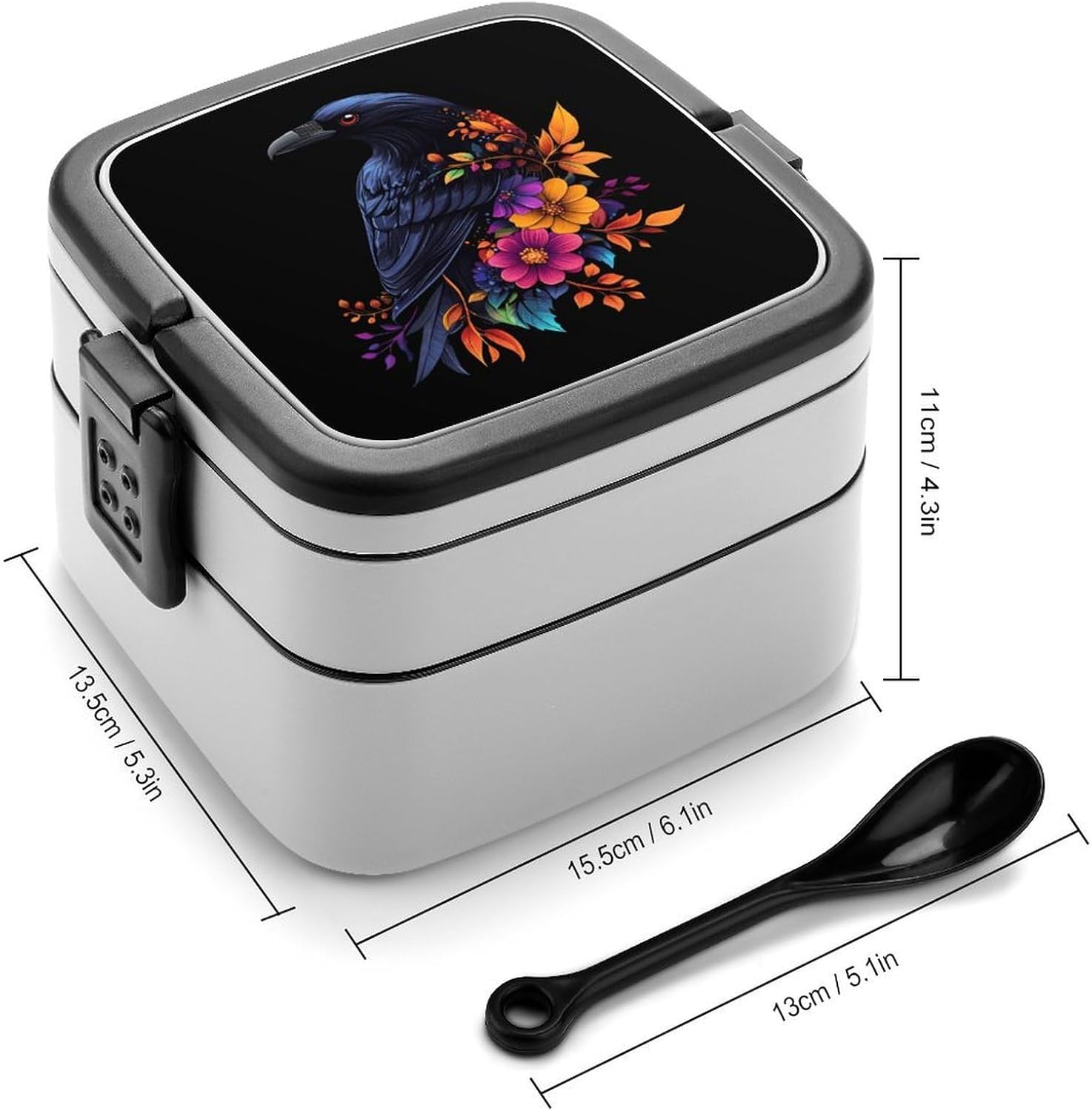 Floral Black Raven Crowes Bento Box with Spoon 2 Layer Food Container Cute Lunch Box for Travel Dining Work