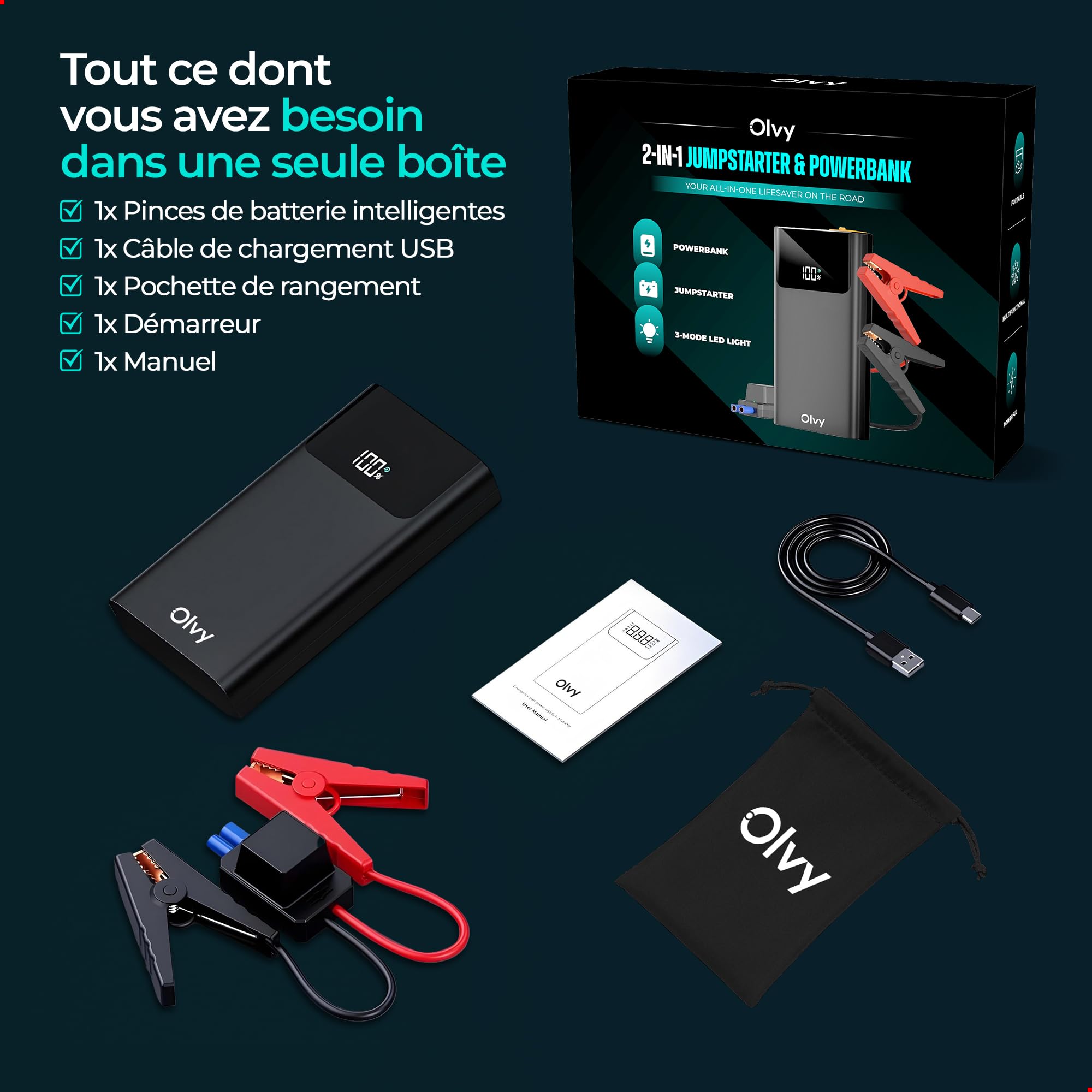Olvy Rozrusznik 2 w 1 i power bank – szczyt 1500 A, przenośny wzmacniacz akumulatora samochodowego 12 V z inteligentnymi zaciskami, latarka LED, wyjście USB/typu C, do samochodów, ciężarówek