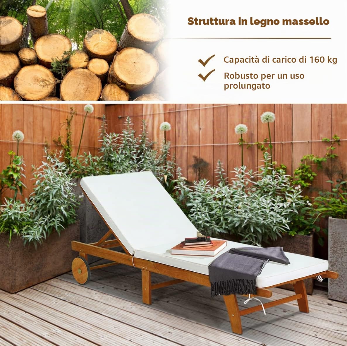 GIANTEX Lettino Prendisole Pieghevole in Legno con Schienale Regolabile | Lettino da Giardino con 2 Ruote, Cuscino, Portata Fino a 160 kg, 195x68x90-30cm