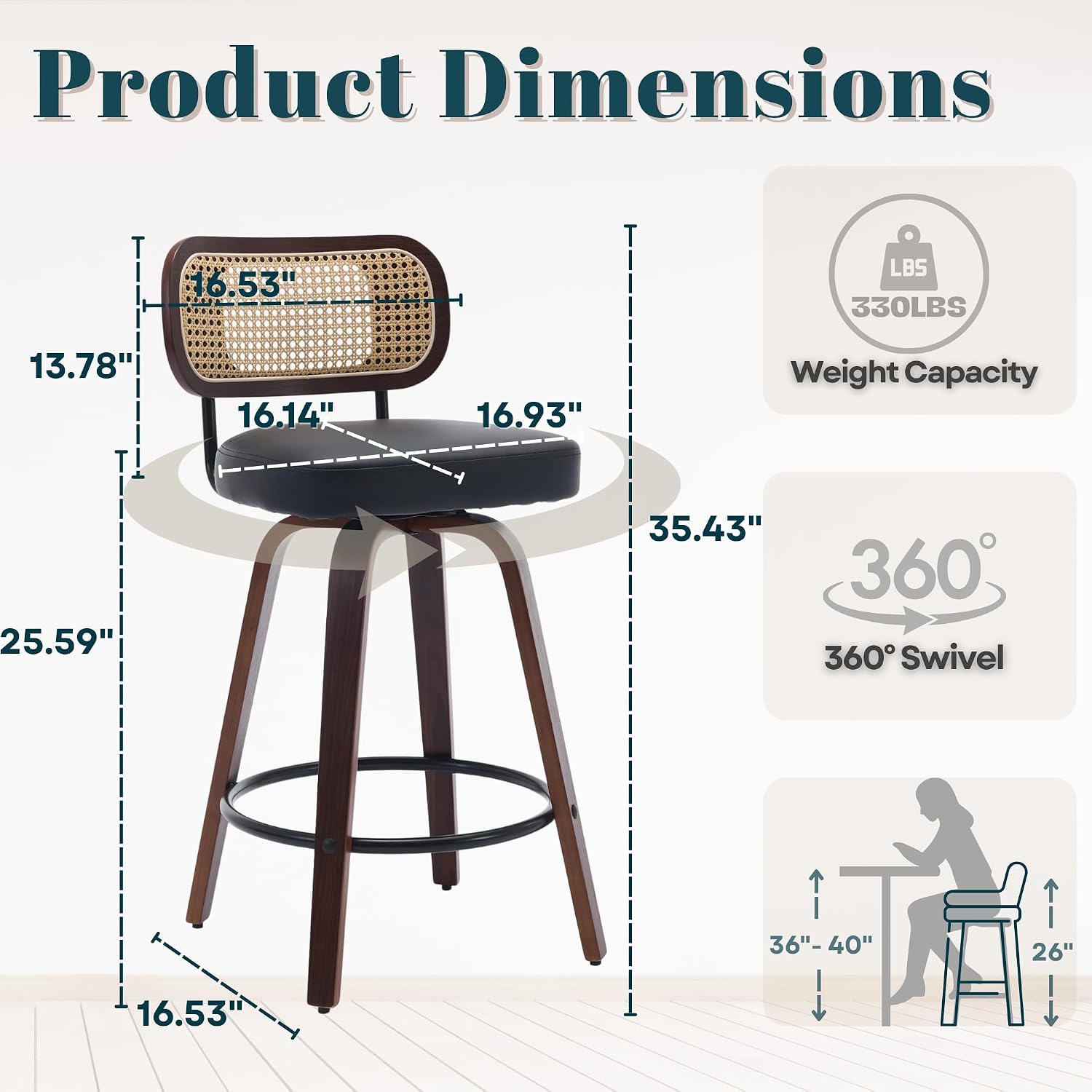 Bar Stools Set of 2, Swivel Counter Height Bar Stools with Rattan Cane Back, 26'' Mid-Century Modern Bar Chairs, Upholstered PU Leather Seat & Walnut Legs for Kitchen Counter and Island