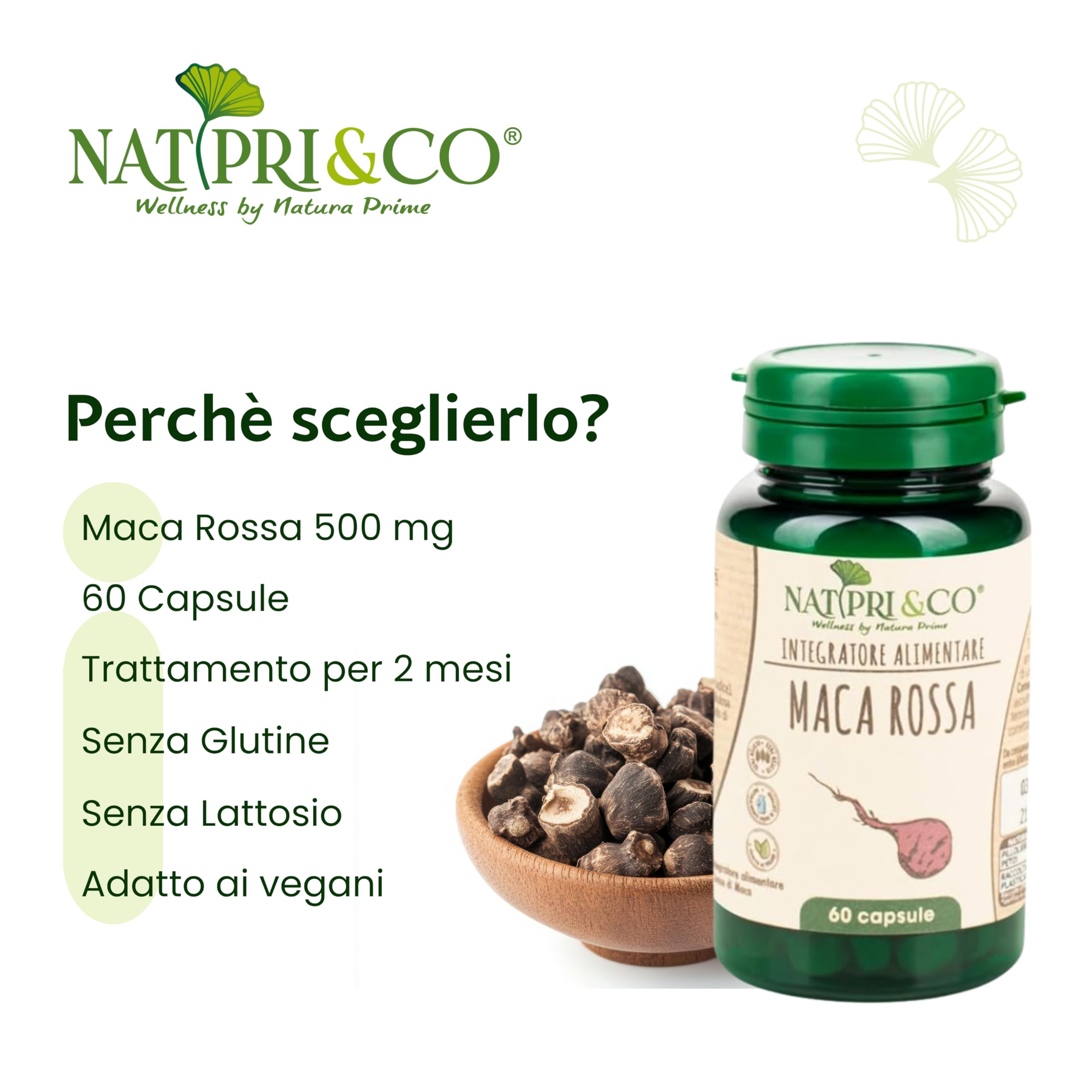 Natura Prime - Maca Rossa - Radice Energizzante, Migliora L'Equilibrio Ormonale Per Uomo E Donna - 60 Capsule - Vegano, Senza Glutine E Senza Lattosio