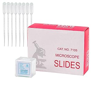 Portaobjetos para microscopio prelimpiados de 25 x 76 mm y cubiertas de microscopio de 18 x 18 mm, con 8 goteros, accesorios para microscopio, para laboratorio de biología y ciencia (1 juego)
