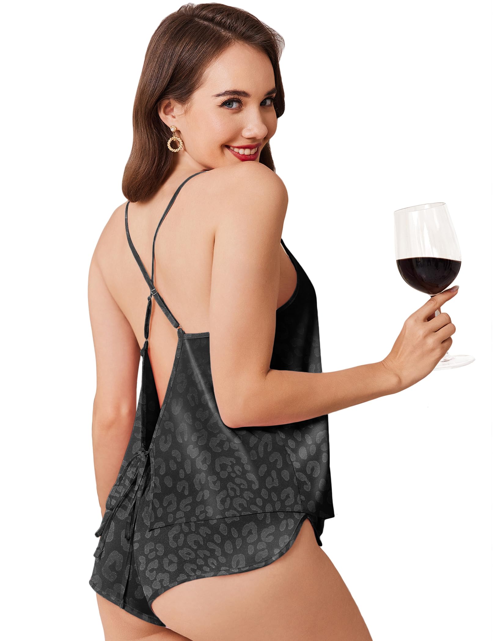 EkouaerWomens Satin Pajama Sets Silky Backless Pjs Camisole Top and Shorts Soft Nightwear Set