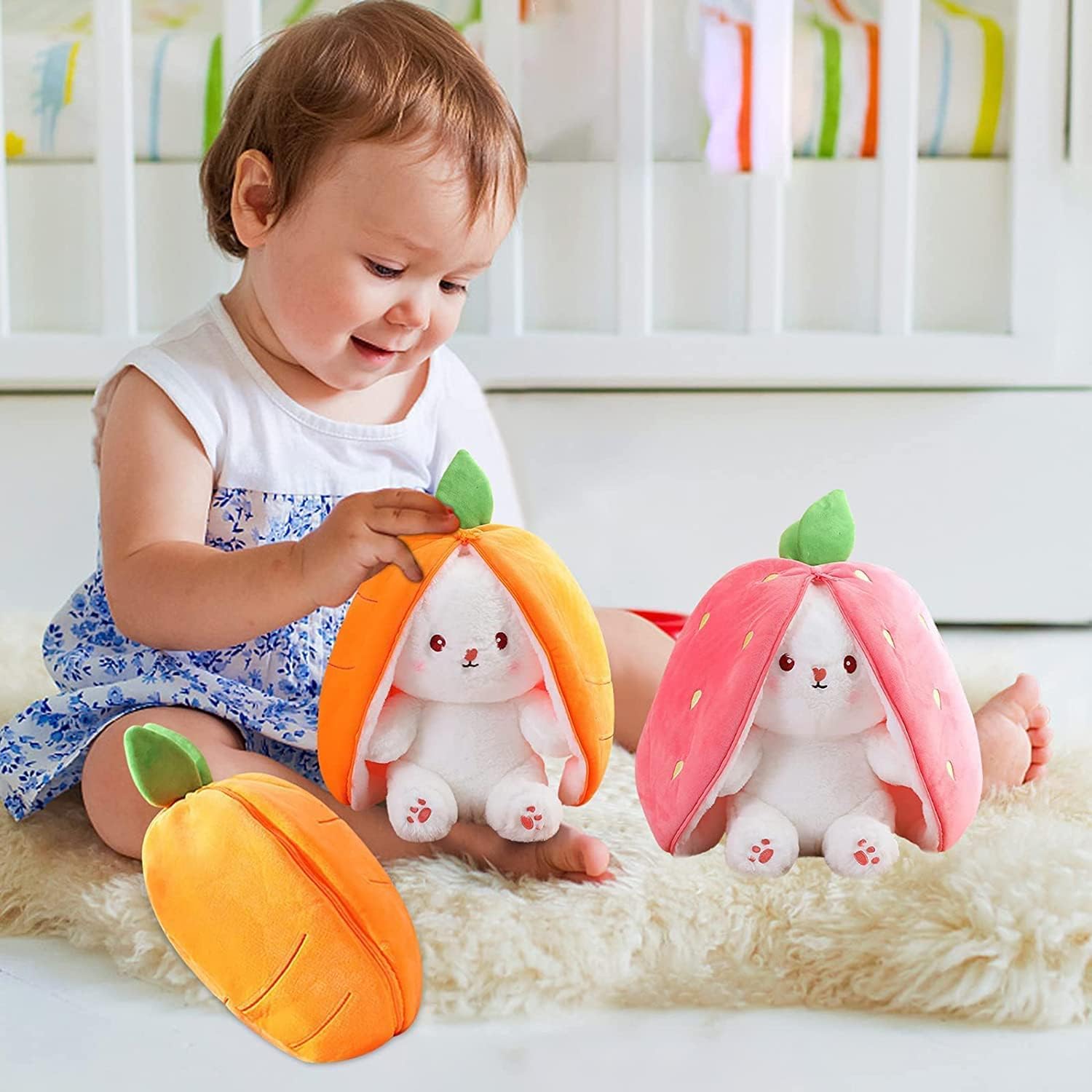 10in/7in bunny Stuffed Animal Reversible Cuddle Bunny Stuffed,Strawberry Bunny Transformed Rabbit Plush Zipper,Carrot That Turns Into Ears Bunnies Plushies Toy Cute Stuffy Doll Easter Girlfriend Gift