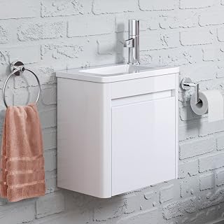 iBathUK Space Saving Gloss White Wall Hung Cloakroom Vanity Unit Right Hand Basin Sink Storage