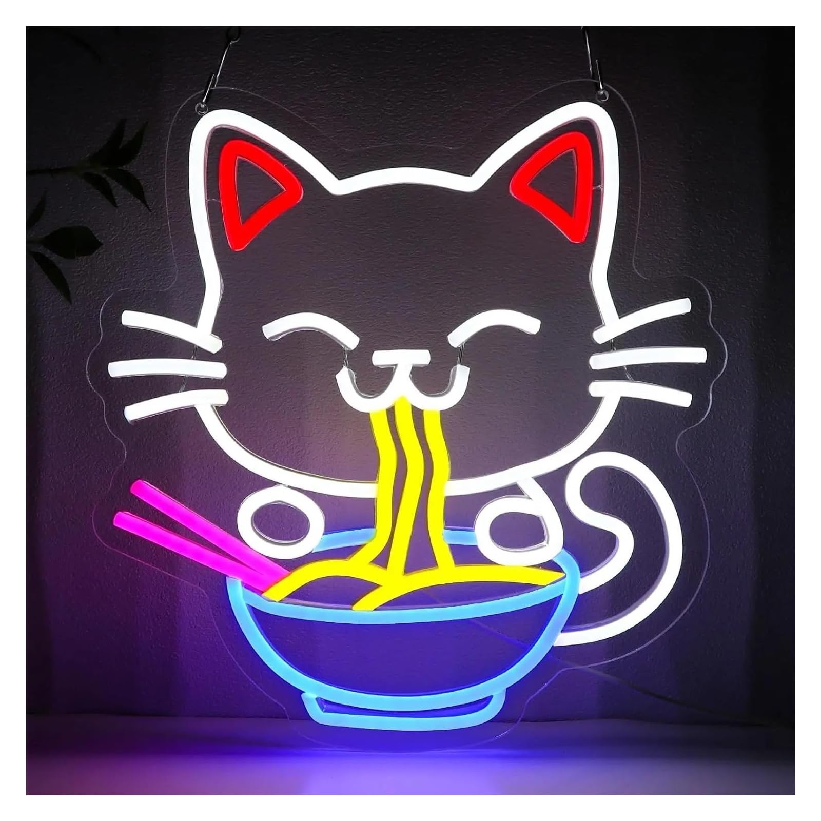 Shouxi One Color Sign Lamp Cat Noodle Neon Sign Japanese Cat Ramen Light Dimmable For Restaurant Kitchen Home Bar Wall Decor 32Cmx33cm
