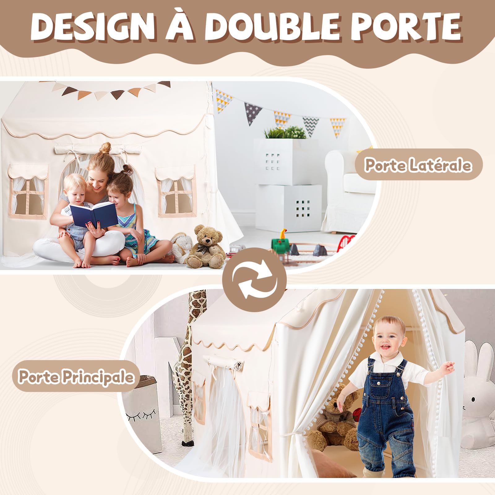 JONRRYIN Tente Enfant Interieur, Cabane Enfant avec 2 Entrées, Lumières et Drapeaux, Tapis de Sol, Tente de Lit Enfant, Tente de Jeux Enfant Cadeau pour Filles Garçons 120x100x127 CM