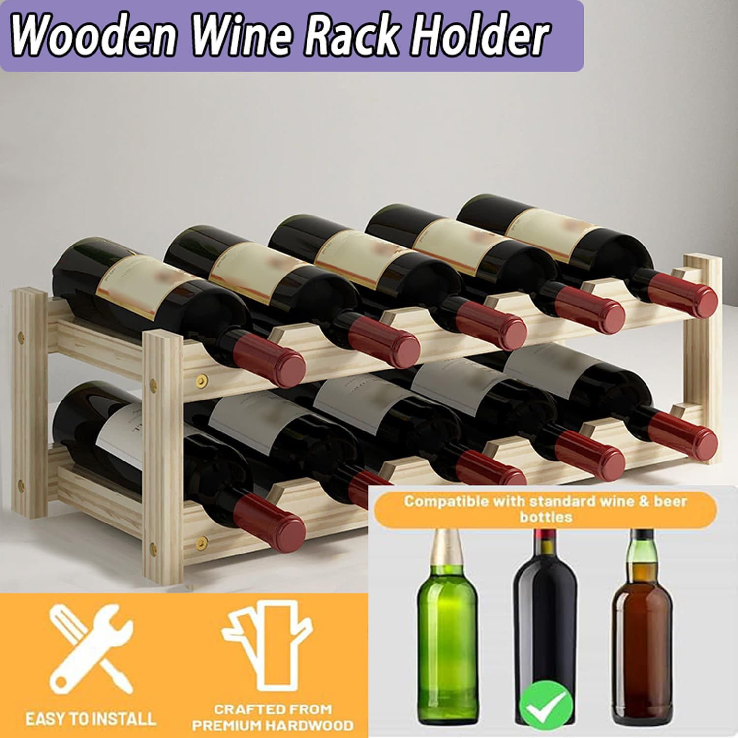 Soporte de exhibición de botellas de vino, estante de vino de madera para armario, cocina, despensa, organizador de almacenamiento de botellas de fácil montaje (2 niveles, 10 botellas, oscuro)