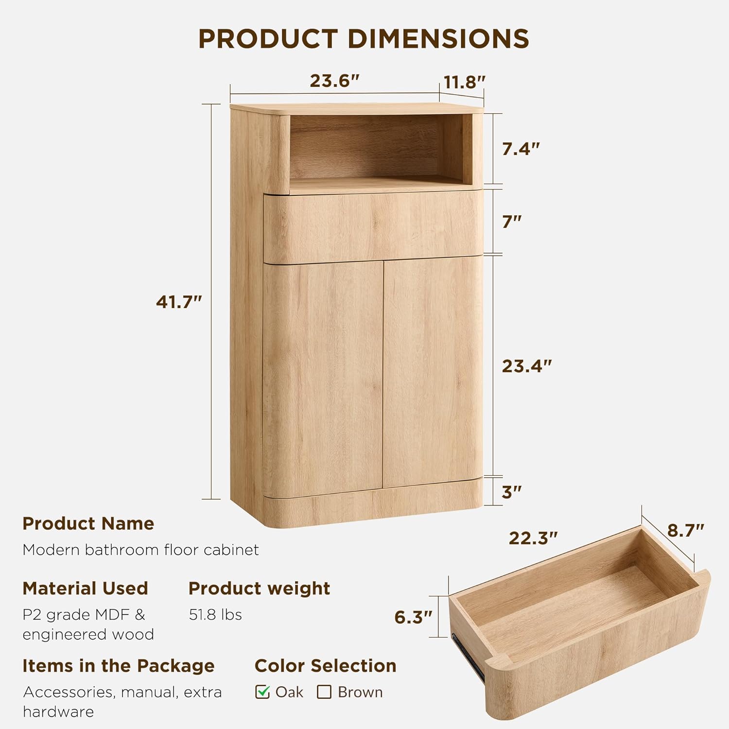 ACCOHOHO Modern Minimalist Bathroom Cabinet with Adjustable Shelf, Sliding Drawer and Magnetic Push Latch, Wooden Storage Cabinet for Bathroom, Living Room and Kitchen, Natural Oak