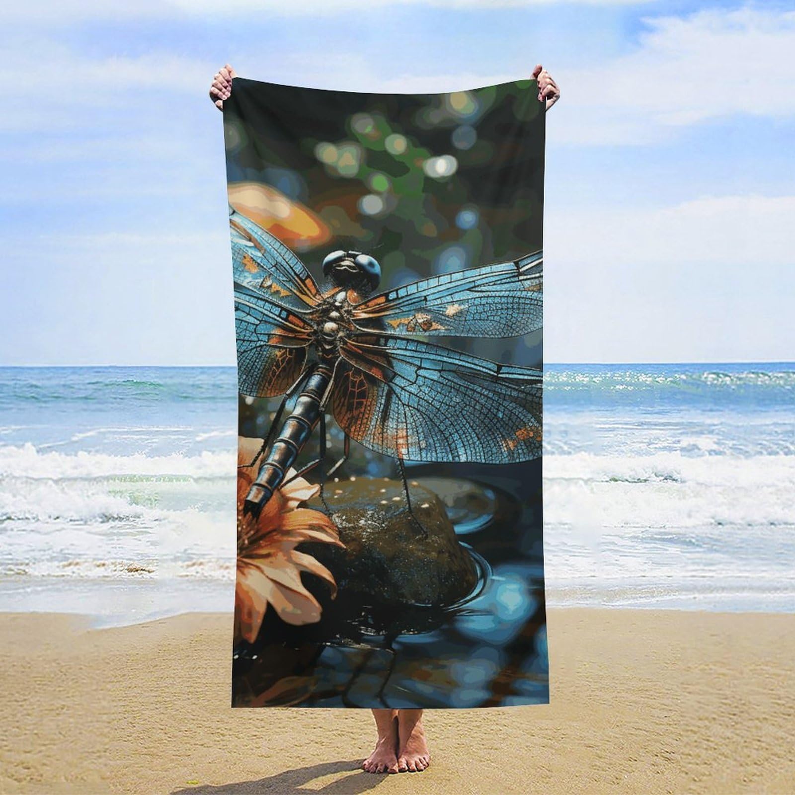 NTVOWPZO Dragonfly Flying on The Pond Beach Towel Oversized Microfiber Bath Towels Lightweight Sand Proof Beach Towels Absorbent Pool Towels for Swimming Yoga Bathroom Towel 31.5" X 63"