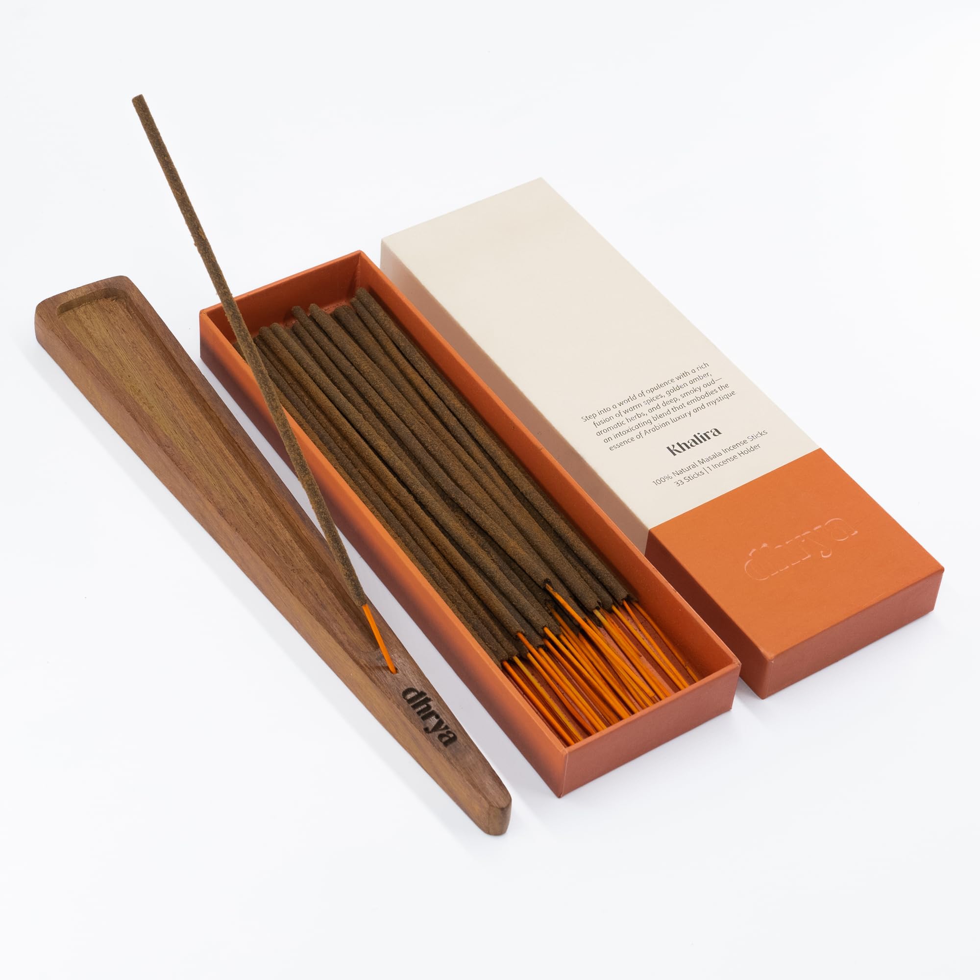 Dhrya Orange Khalira Oud Luxury Hand-Made Natural Masala Incense Sticks – Organic, Charcoal-Free Oudh, Amber & Spices Scent For Aromatherapy & Meditation (33 Sticks + Indian Rosewood Holder)