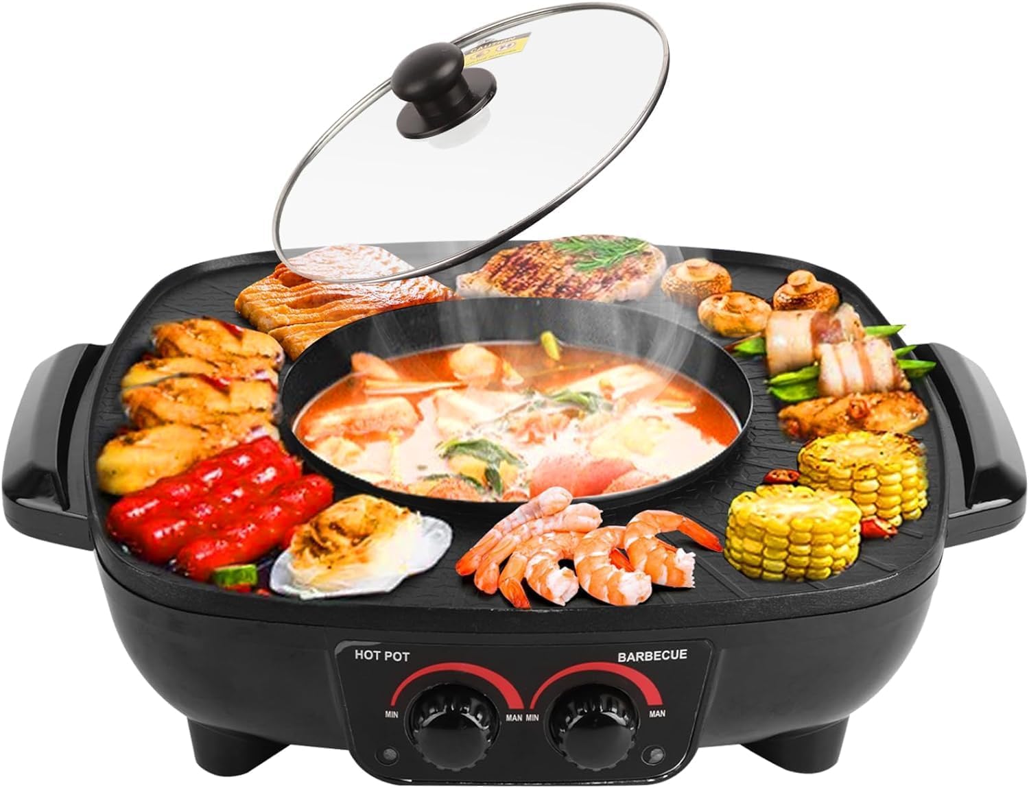 VBM Non-Stick Portable Electric Barbecue Stove/Grill with Hot Pot 2 in 1 Indoor Non-Stick Electric Hot Pot and Griddle for Korean BBQ, Steaks, Shabu - Shabu and Noodles,Soup Maker-Electric Cooker