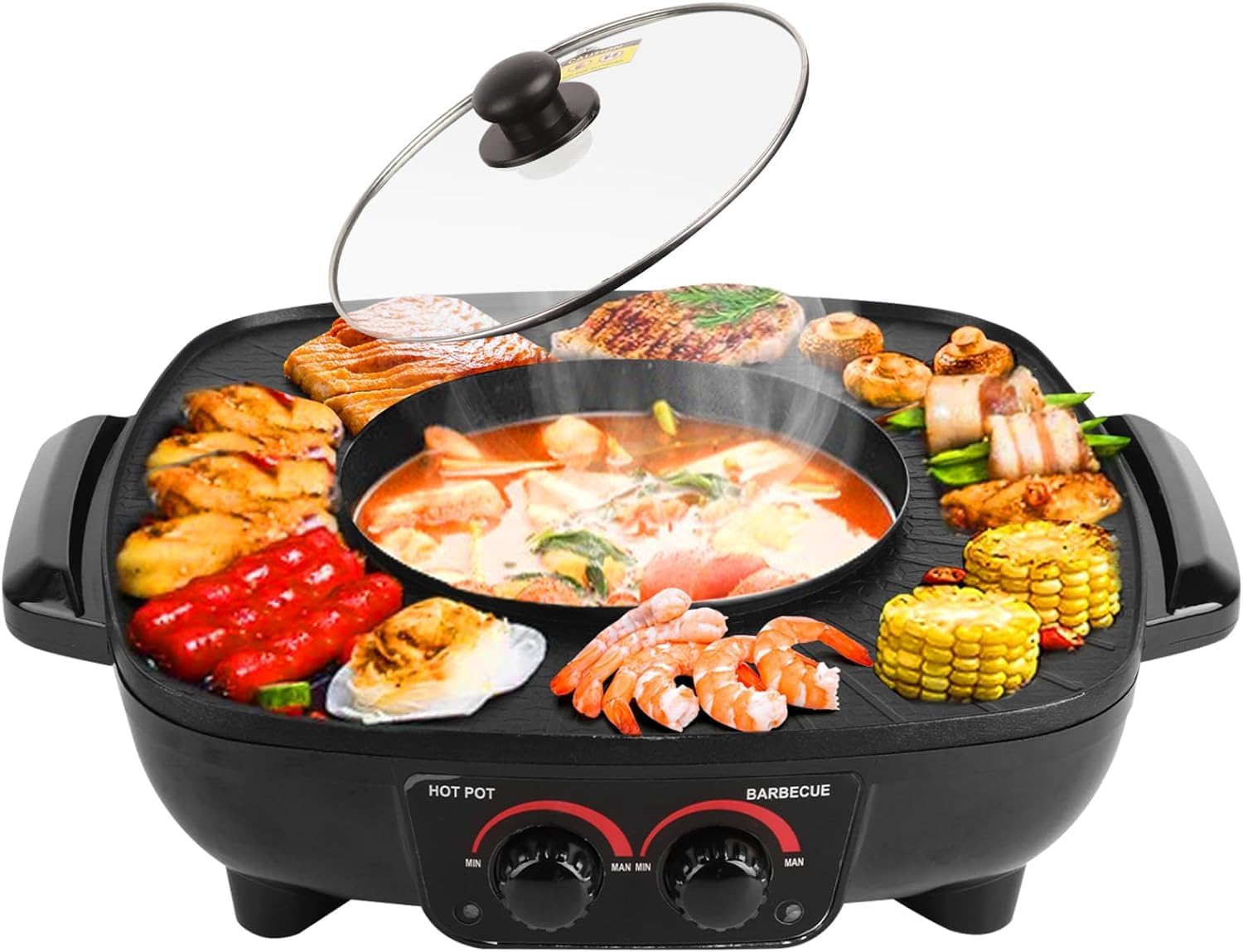 VBM Non-Stick Portable Electric Barbecue Stove/Grill with Hot Pot 2 in 1 Indoor Non-Stick Electric Hot Pot and Griddle for Korean BBQ, Steaks, Shabu – Shabu and Noodles,Soup Maker-Electric Cooker