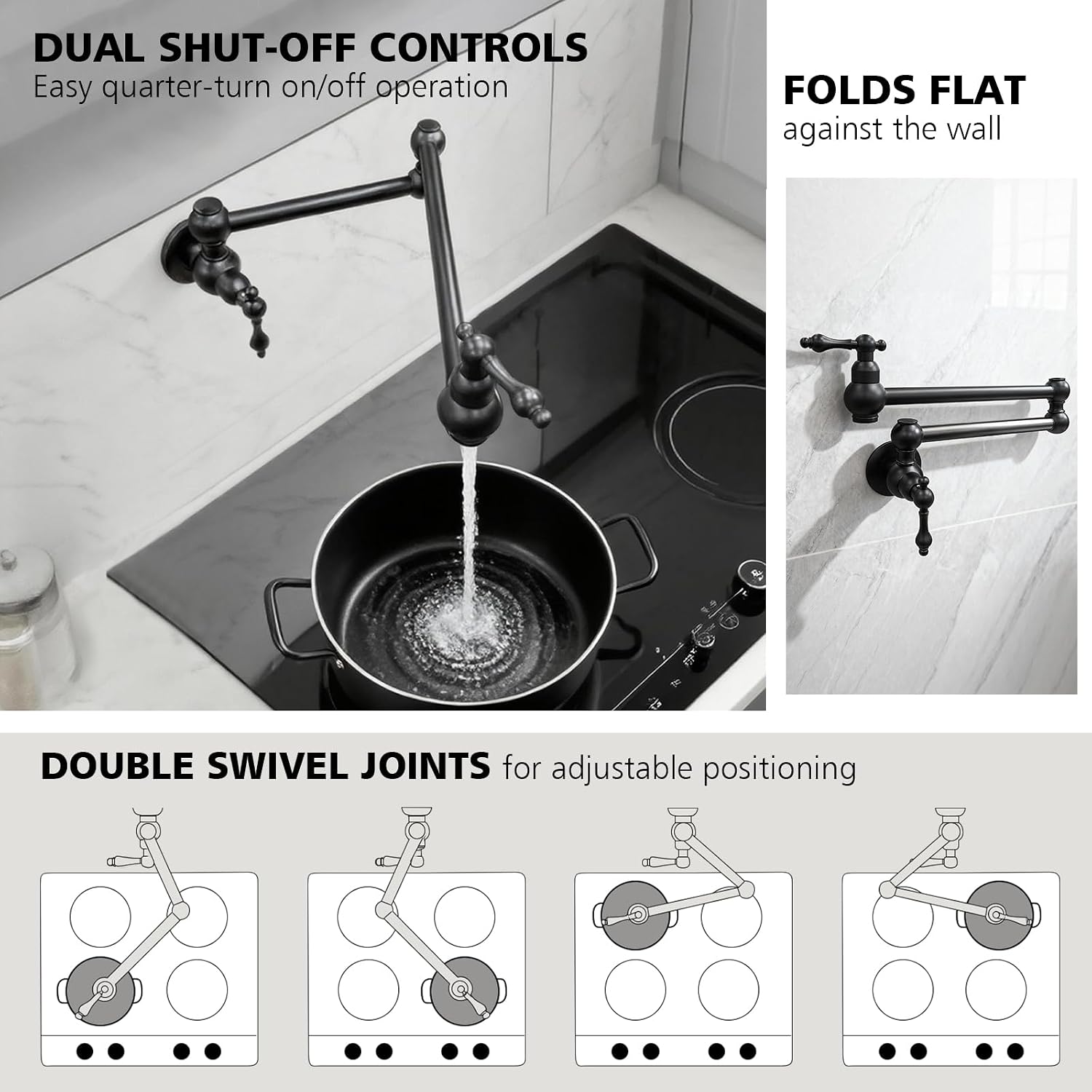 Pot Filler Faucet Wall Mount, Folding Swing Arm Over Stove Pot Filler with Double Joint Retractable Arm, Heavy Duty Brass 2 Handle Spot-Free Matte Black