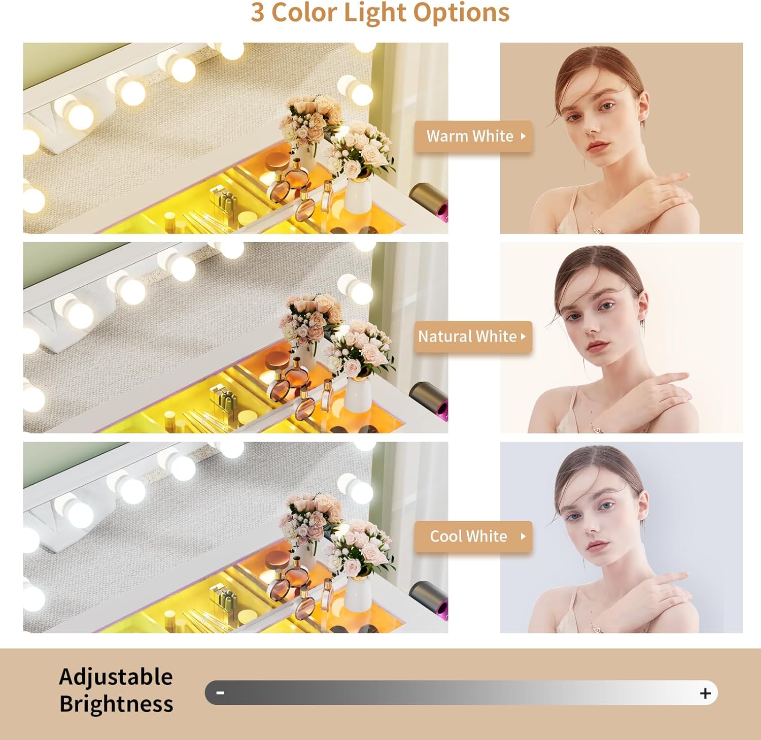 Three images showing the VOWNER vanity mirror lights in Warm White, Natural White, and Cool White modes, with a brightness adjustment slider below.