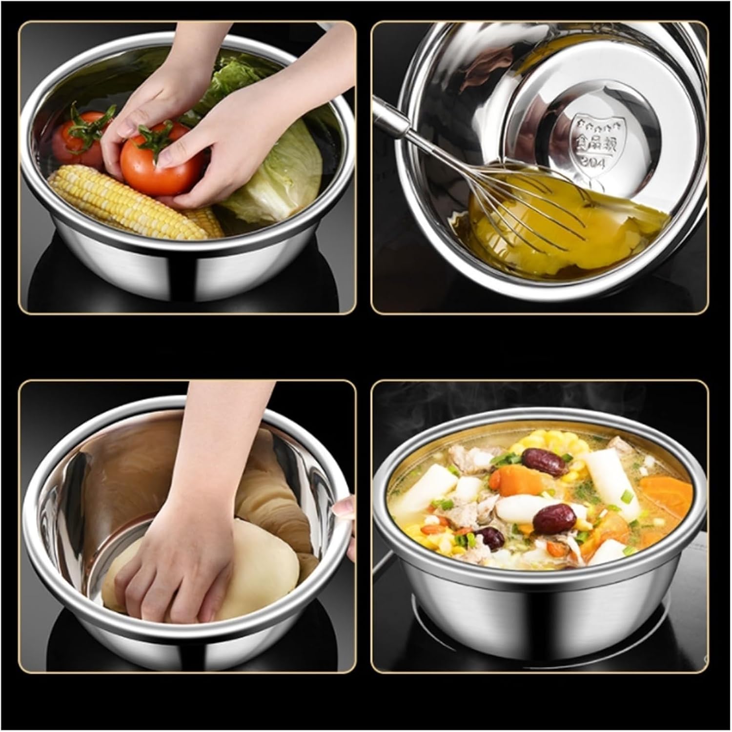 304 Stainless Steel Mixing Bowls Pots and Pans Cooking Baking Metal Nesting Storage Bowls Soup Bowls Barbecue Serving Trays 4 Piece Set，