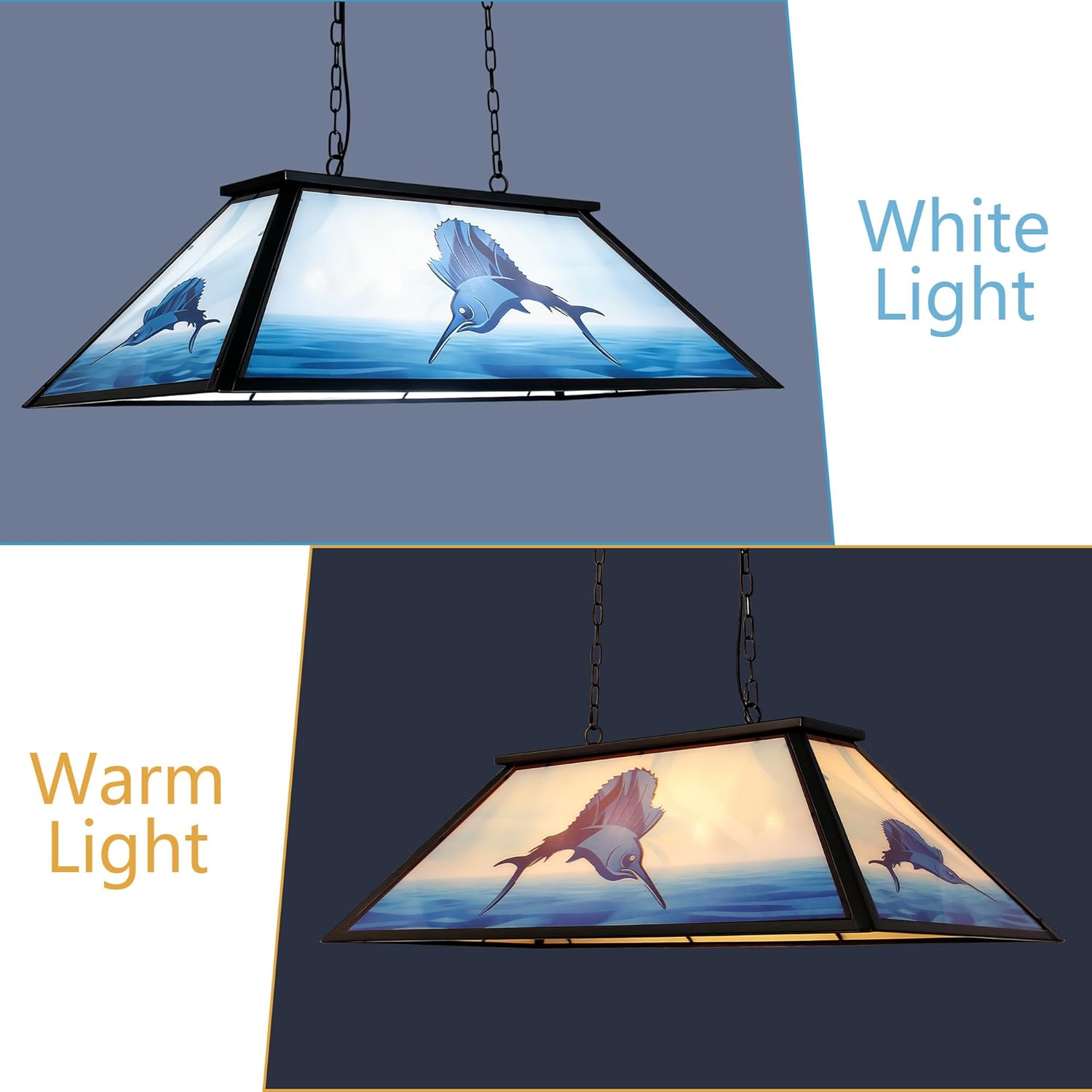 4-Light Tiffany Pool Table Lights, 43" Sailfish Billiard Light Fixture for 7'-8' Pool Table, Ocean-Themed Adjustable Farmhouse Chandelier for Game Room, Man Cave, Bar, Dining Room (E26)