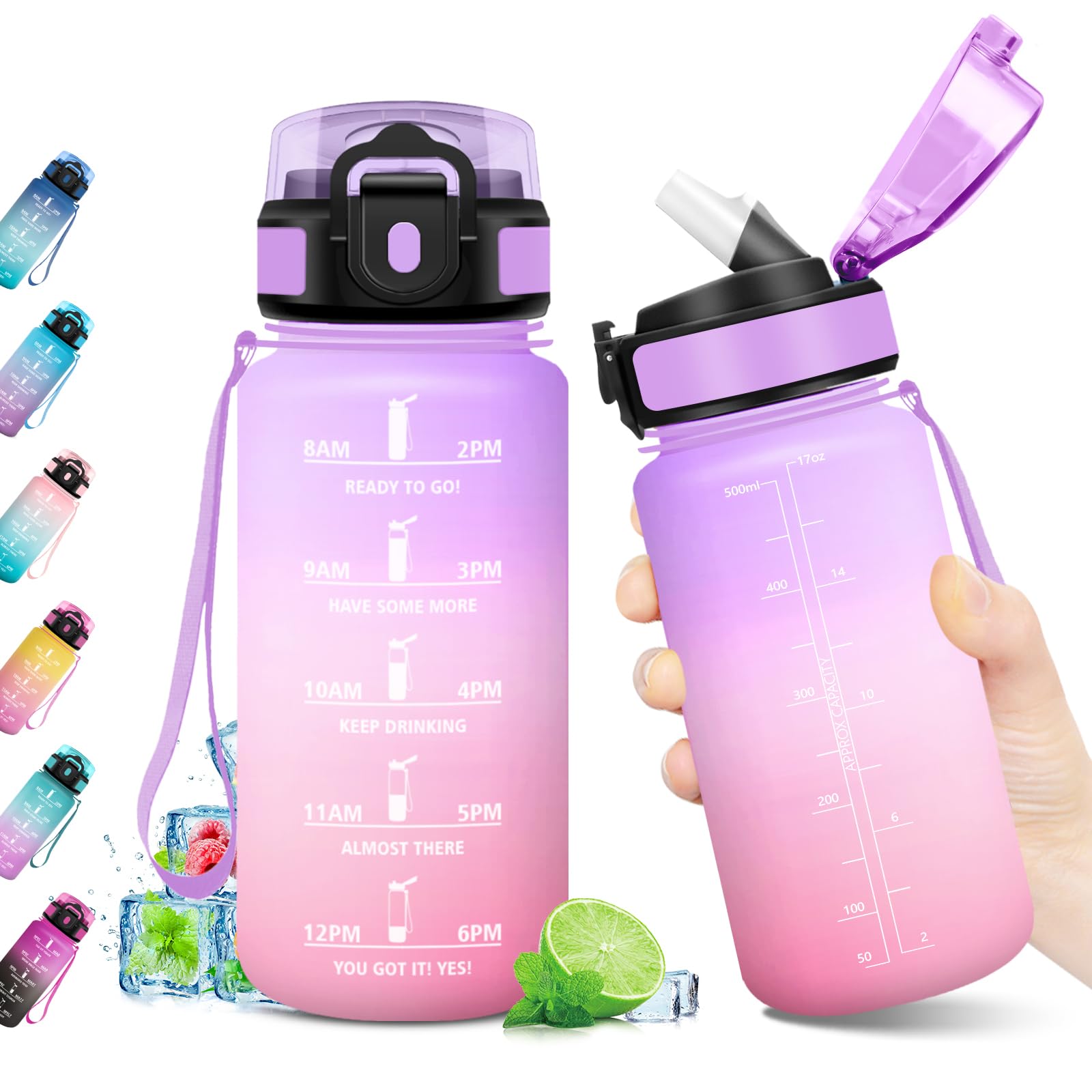 Borraccia 500ml, Bottiglia con Indicatore del Tempo Motivazionale, Bottiglia con Cannuccia, Riutilizzabile, Borraccia senza BPA, A Prova di Perdite, per Bambini, Scuola, Ufficio, Gym, Picnic