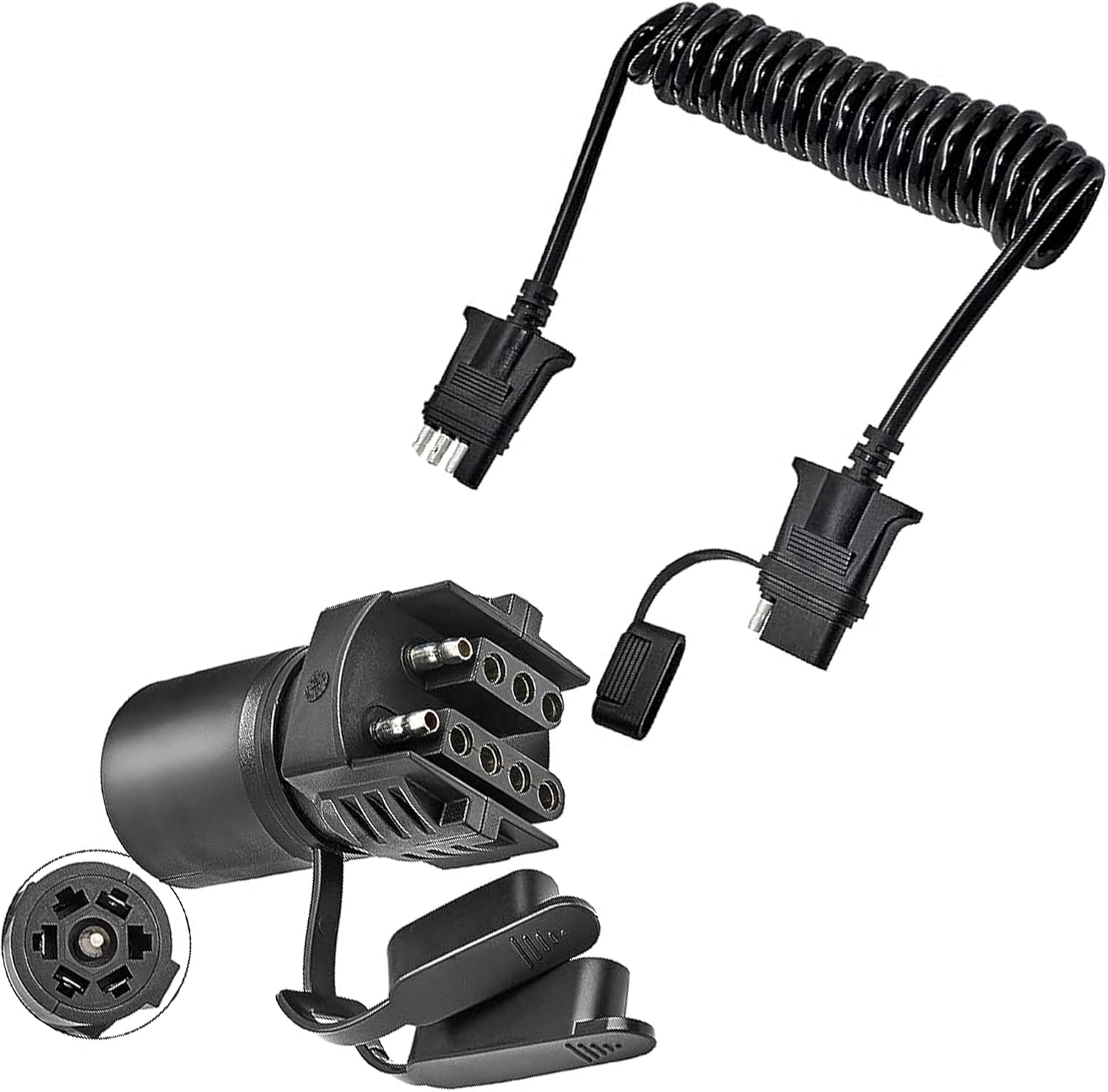 Oyviny 7.5FT 4 Way Flat Trailer Extension Coiled Cable + 7 Pin Round to 4/5 Pin Flat Blade Trailer Adapter