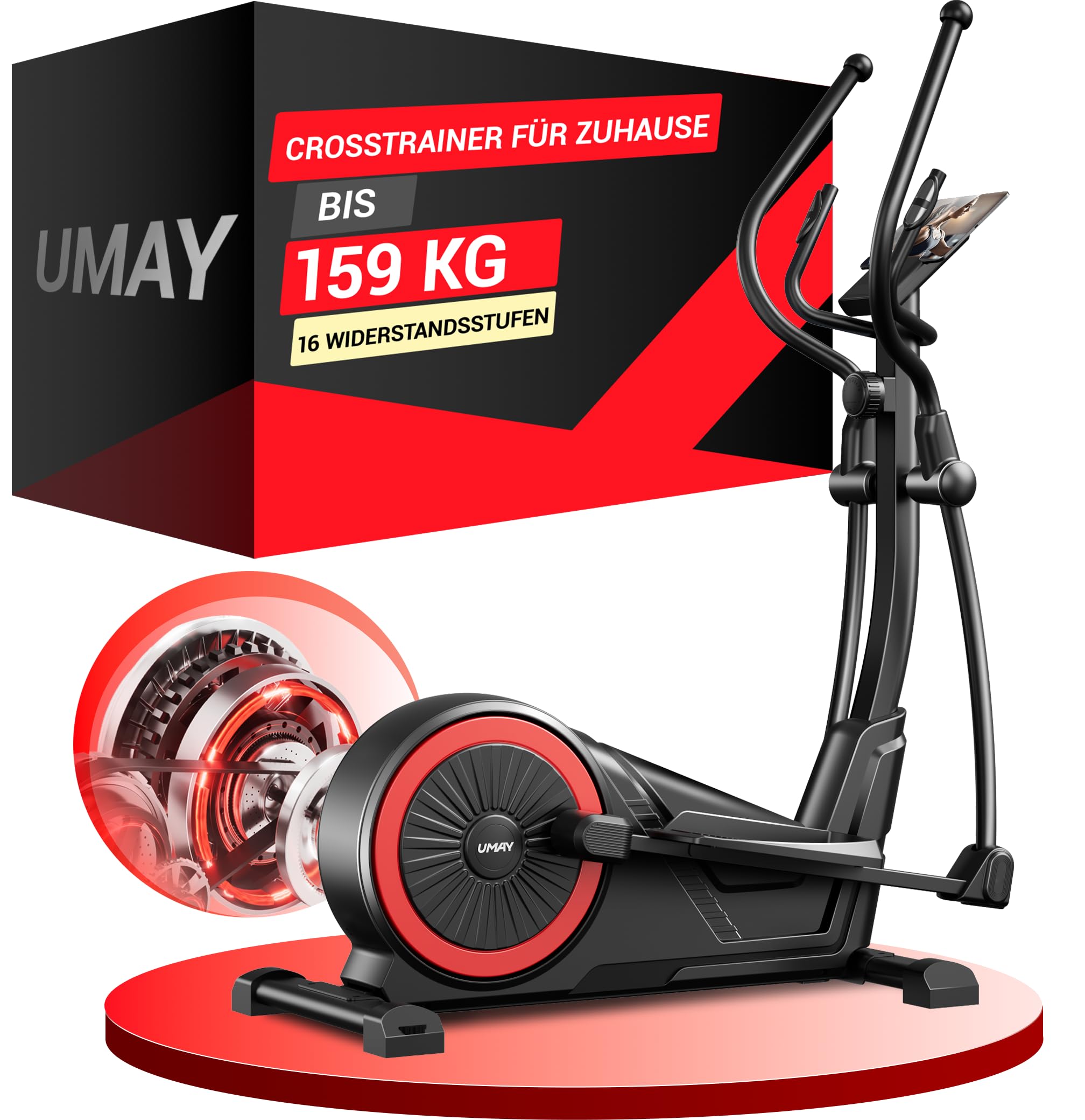 UMAY Crosstrainer für Zuhause, 16 Widerstandsstufen, Leiser Magnetischer Ellipsentrainer, 40cm Schrittlänge, Herzfrequenzgriffe,LCD-Display Cross Trainer, Tragfähigkeit 159kg
