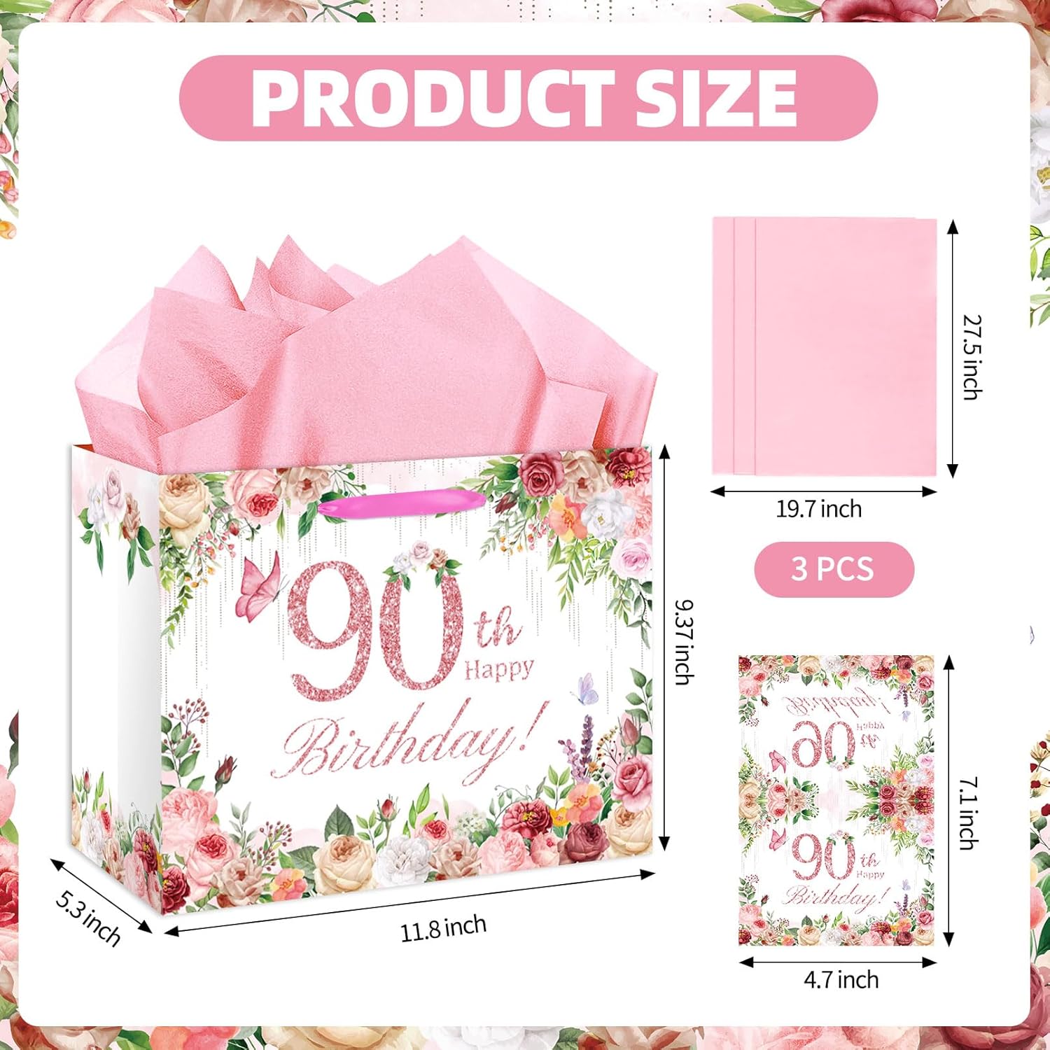 HSKMAKE Flower 90th Birthday Gift Bag for Women, Happy 90th Birthday Gift Bag with Card and Tissue Paper & Wrapping Paper for 90 Years Old Bday Party Decorations - Image 7