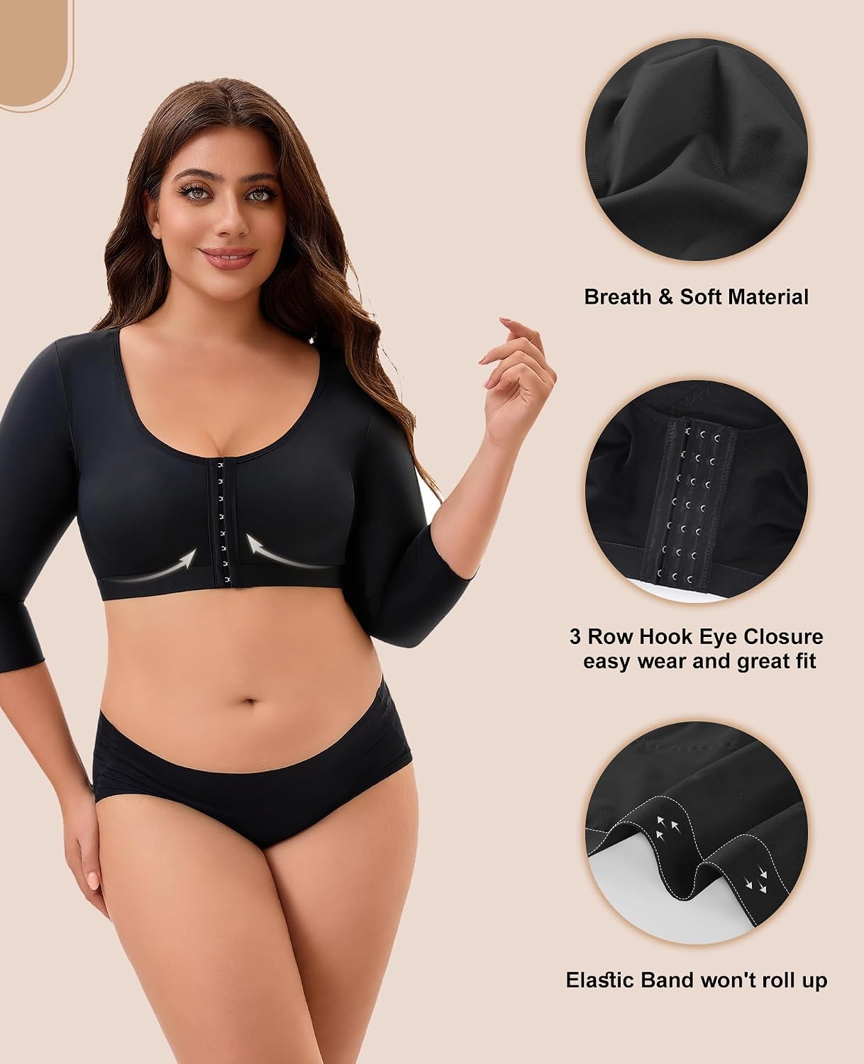 Upper Arm Compression Sleeve Women Post Surgery Slimming Arm Compression Garments Front Closure BK 3XL