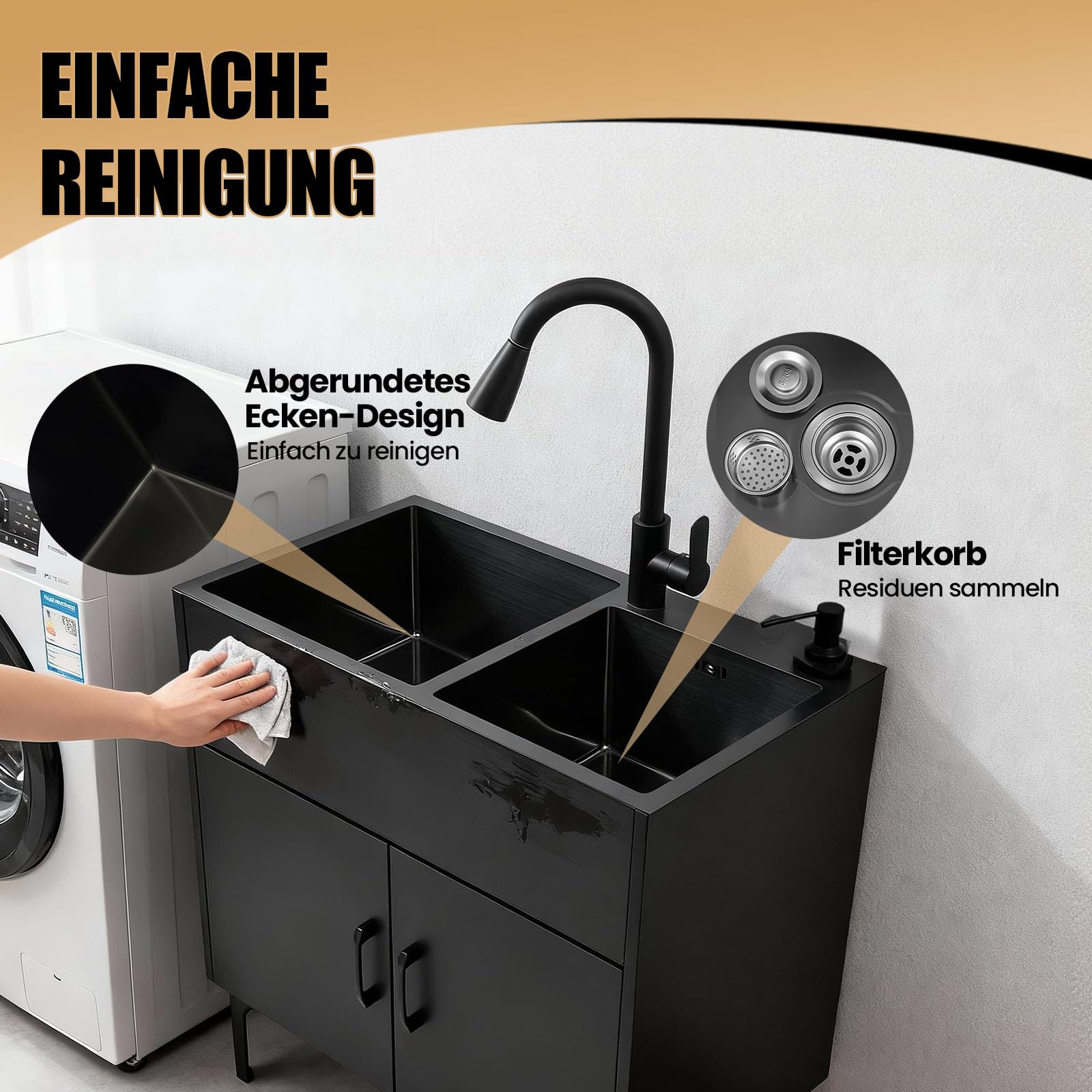 Freistehende Küchenspüle mit Schrank und ausziehbarem Wasserhahn, Edelstahl Gewerbliche Spültisch Doppelbecken Küchenspüle mit Entwässerungskorb und Abflusseinheit für Küche Wäsche/Schwarz 75x41x78cm