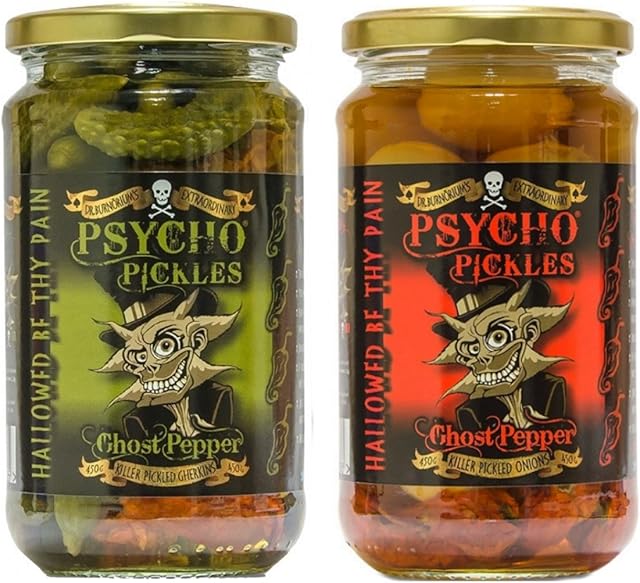 Psycho Juice Pickles Combo - Ghost Pepper Pickled Onions and Ghost Pepper Pickled Gherkins