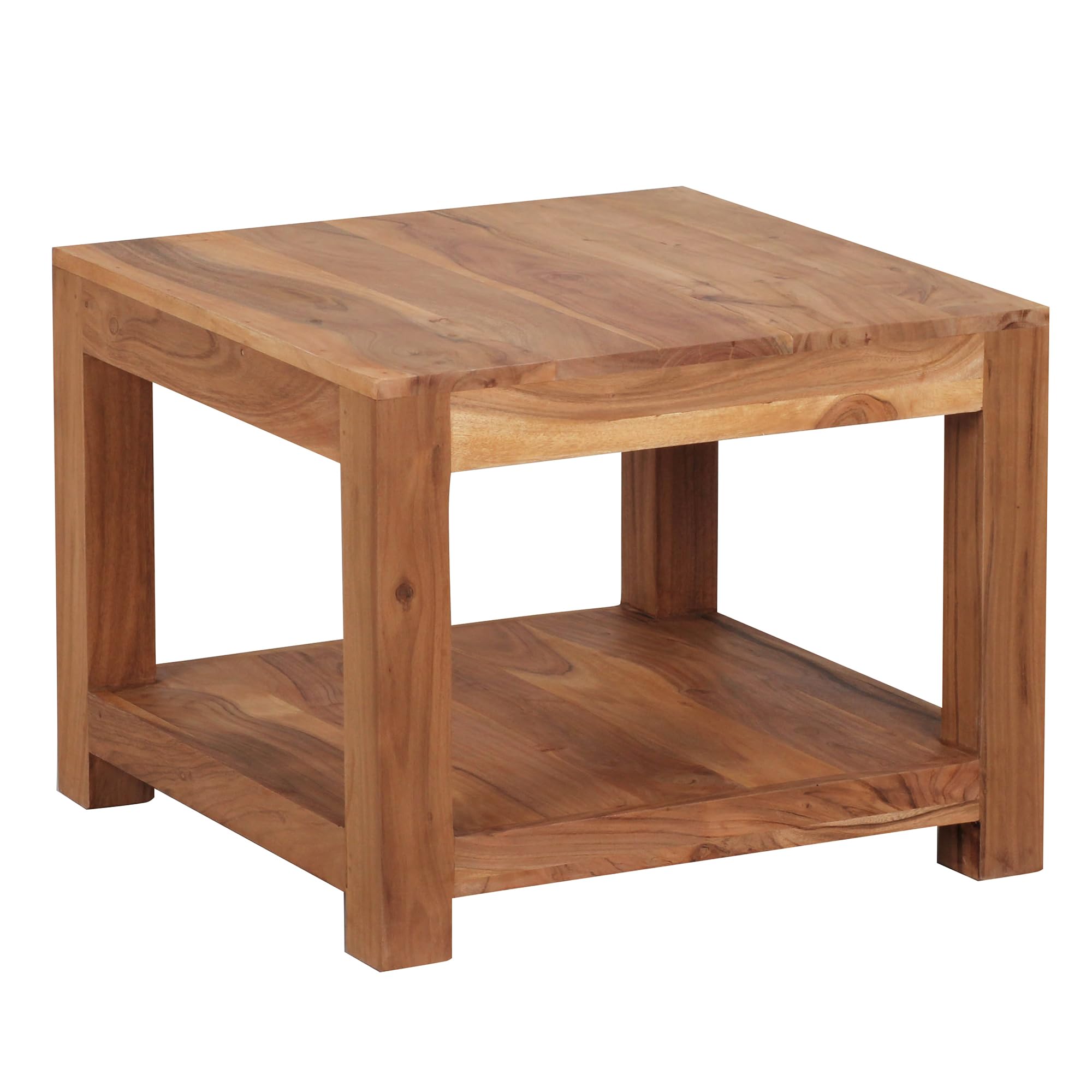 FineBuy Couchtisch 60x60x45 cm Akazie Massivholz Braun mit Ablage | Wohnzimmertisch mit zweiter Ebene, Echtholztisch im natürlichen Look, Sofatisch handgefertigt, Unikat