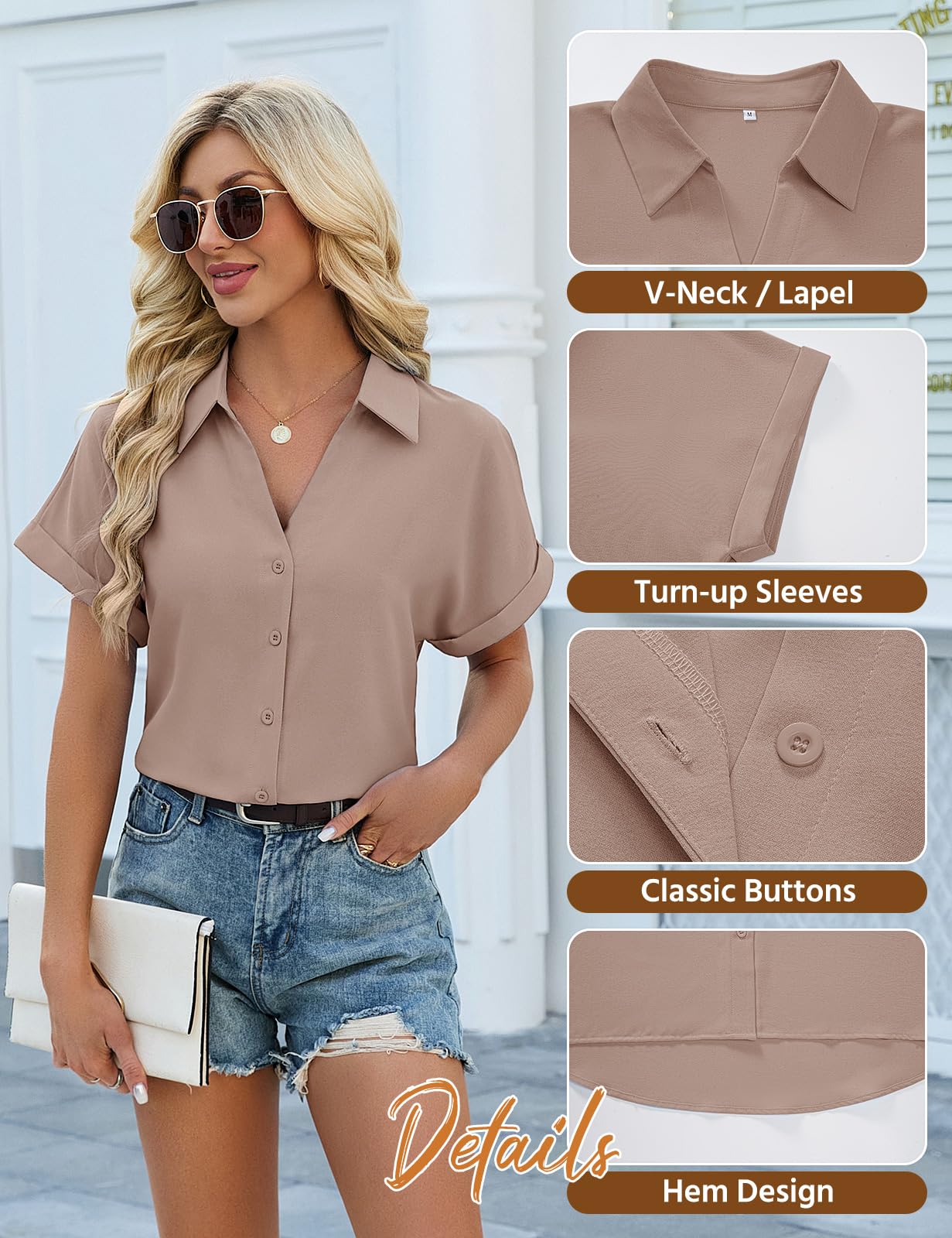 HEEKPEK Chemise Femme Manche Courte Chemisier Chic et Élégant Blouse Manches Chauve-Souris Haut Été Col en V Tunique avec Boutons T-Shirt Ample Tops D'été pour Décontractés Travail