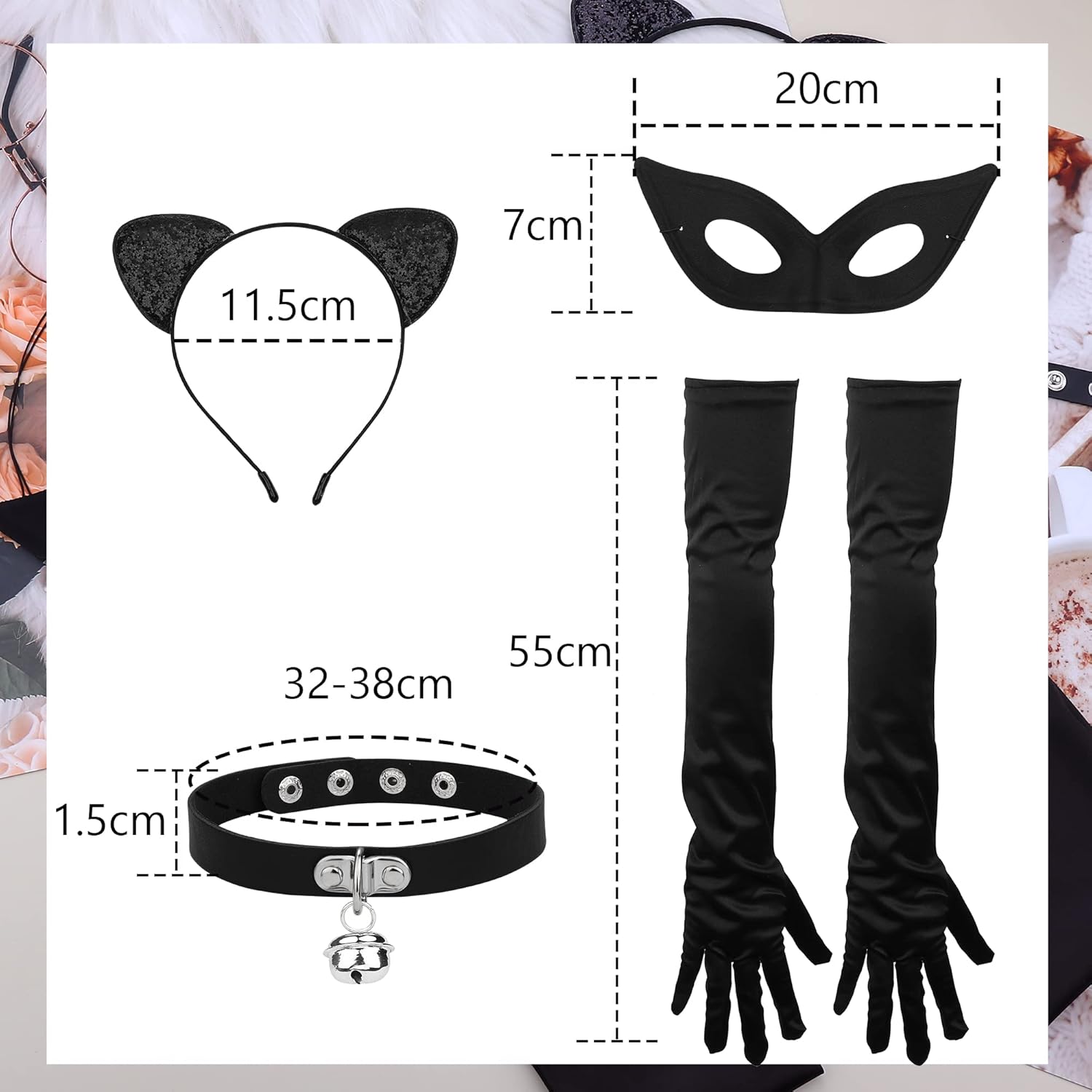 JeryWe Halloween Black Fancy Dress Costume Accessories for Women | Cat Ears Headband, Face Mask, Choker Necklace and Masquerade Gloves Christmas Dress Up Set for Adults - Image 3