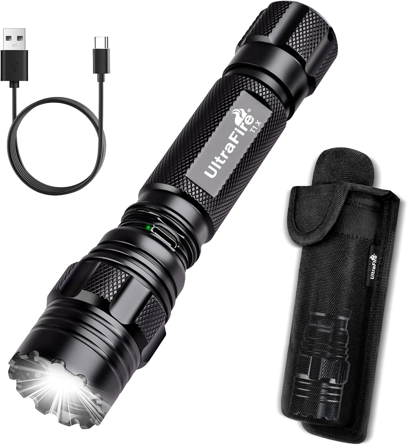 Ultrafire Black Rechargeable Tactical Torch With Magnetic Holster, 1200 Lumens 3 Modes Bright Led Torch, Hidden Usb-C Port, Duty Belt Accessories For Police, Security, Law Enforcement, T1 X